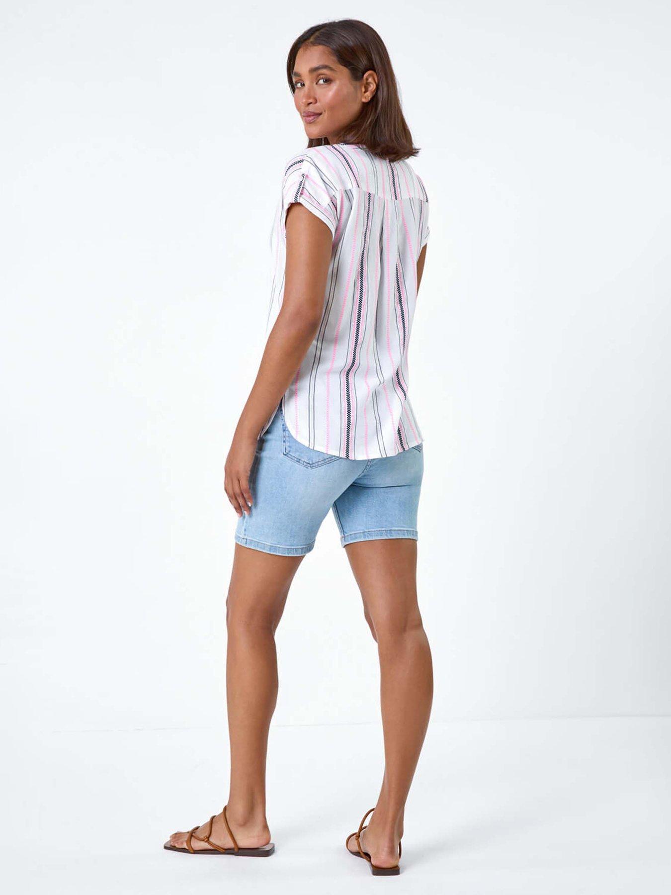  image of roman-stripe-print-button-detail-v-neck-top
