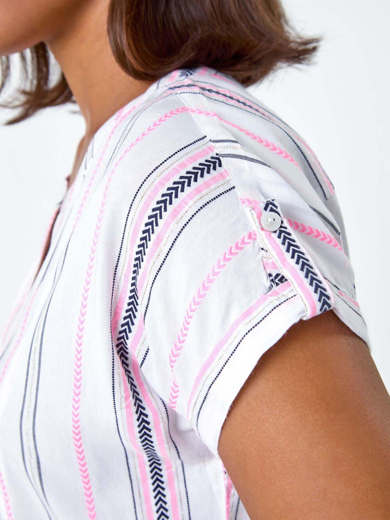  image of roman-stripe-print-button-detail-v-neck-top