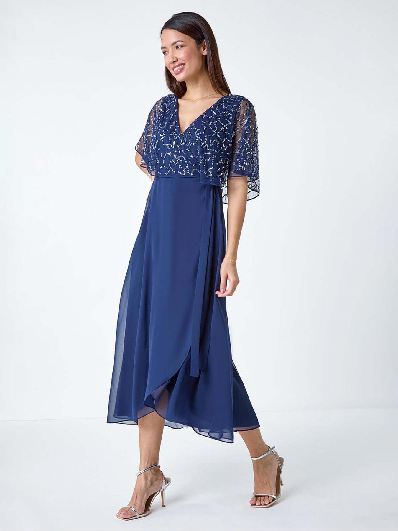 Image 2 of 5 of Roman Sequin Embellished Maxi Wrap Dress - Navy