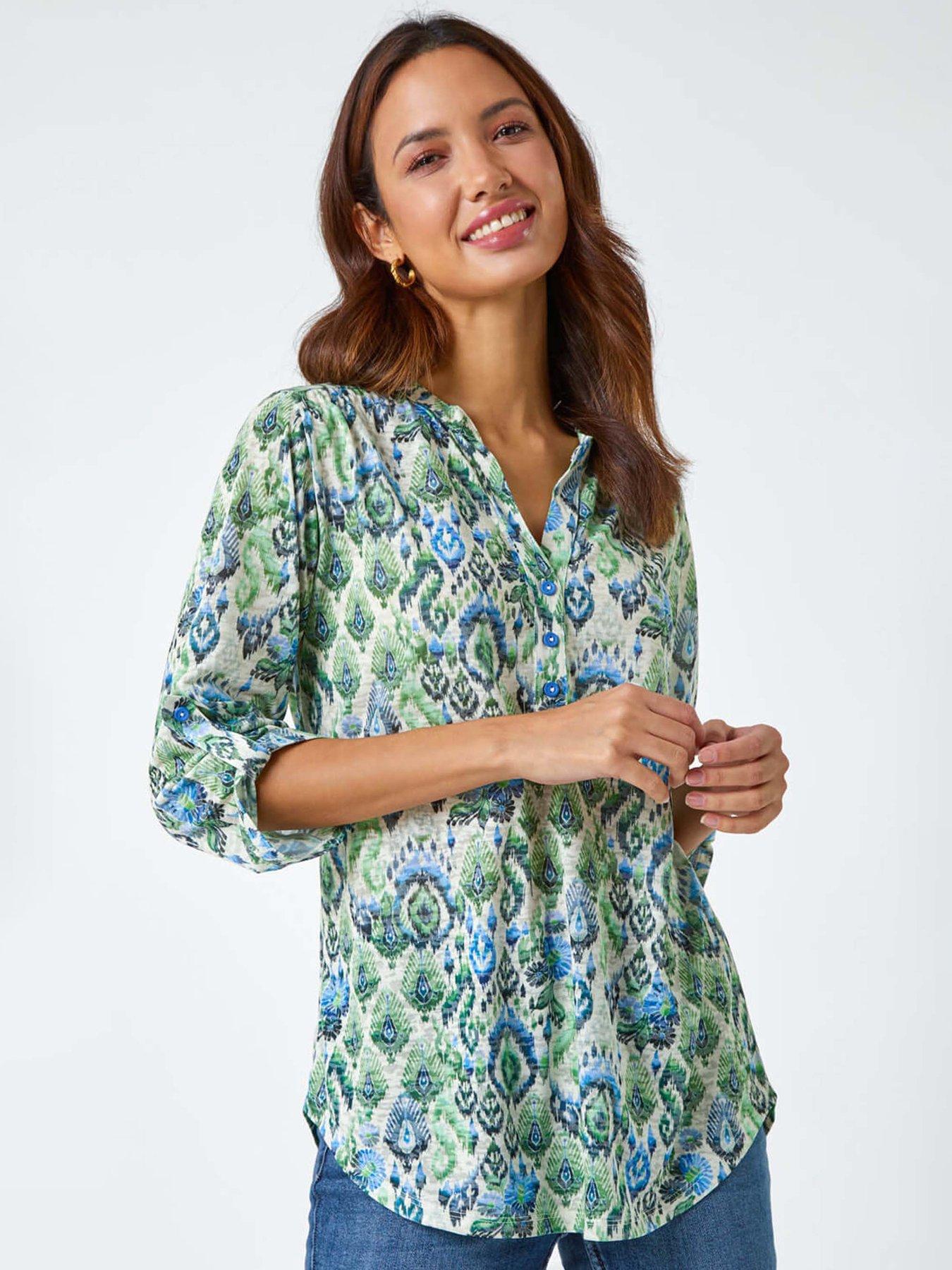 roman-aztec-burnout-print-relaxed-v-neck-tunic-top