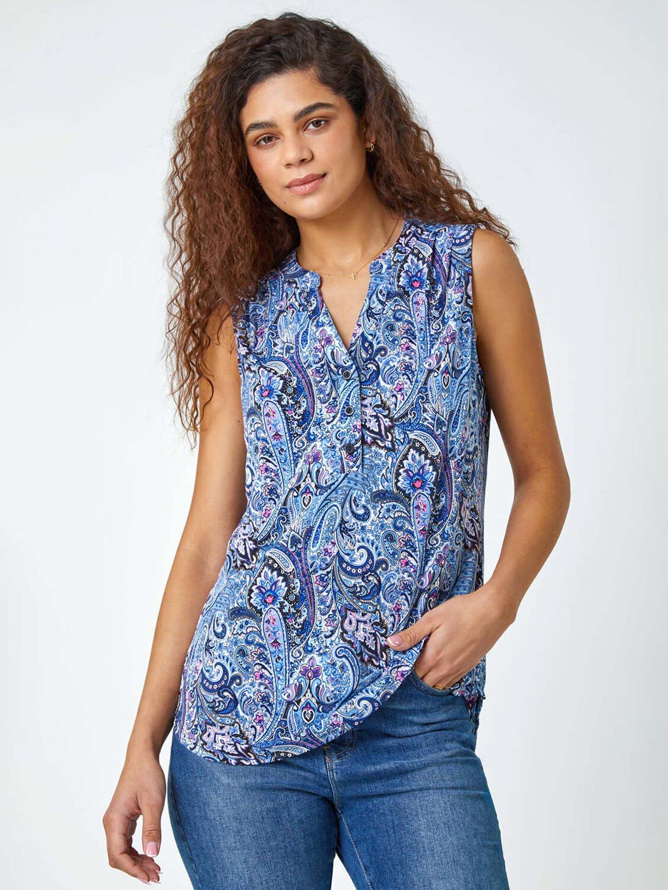 front image of roman-paisley-print-sleeveless-stretch-top
