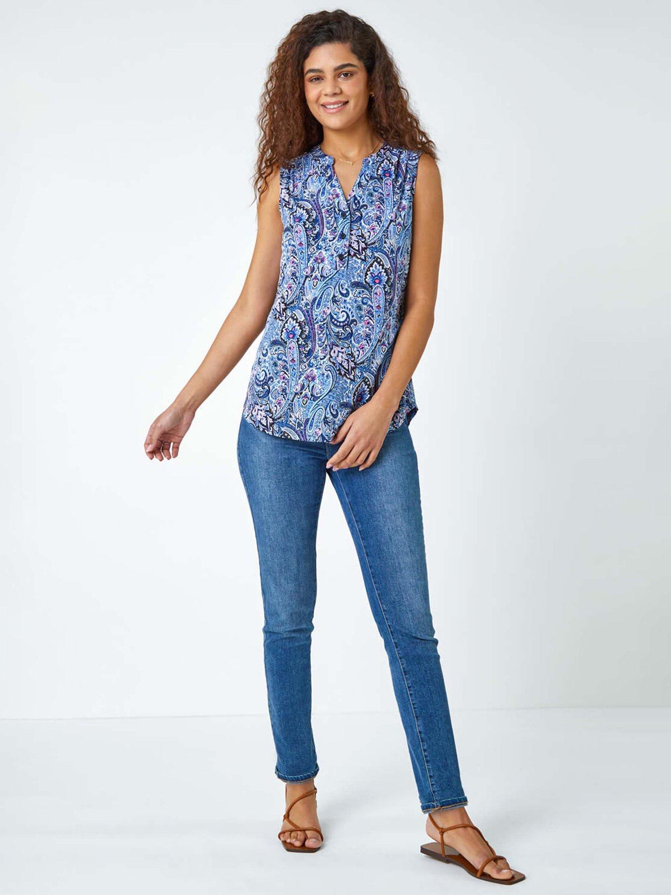  image of roman-paisley-print-sleeveless-stretch-top