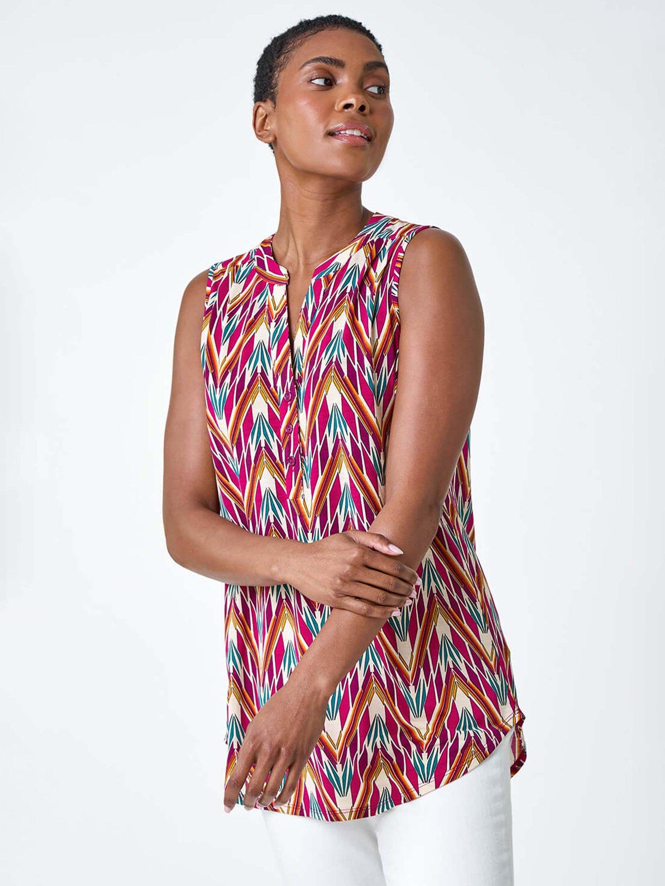 front image of roman-sleeveless-v-neck-floral-button-detail-top
