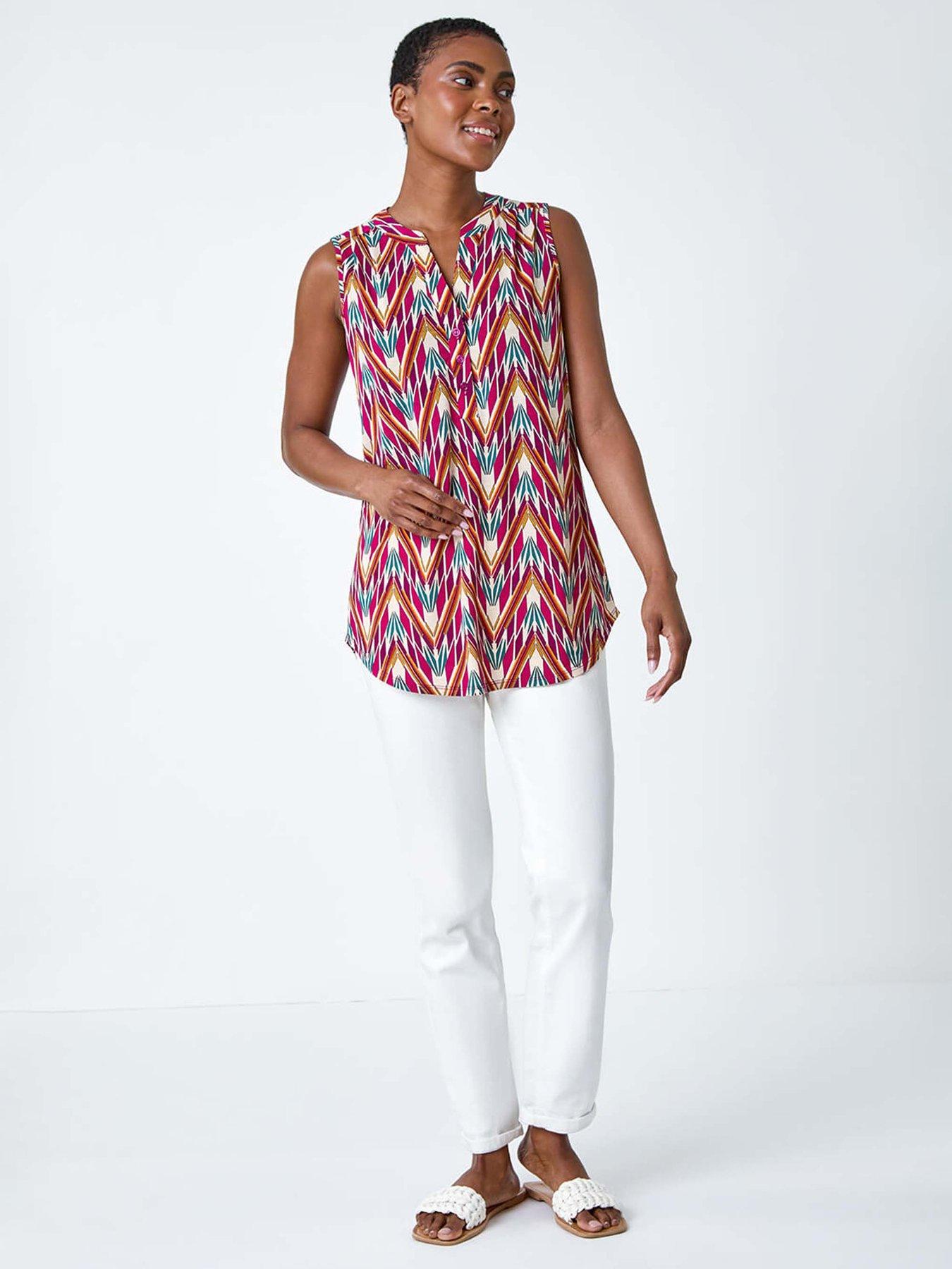  image of roman-sleeveless-v-neck-floral-button-detail-top
