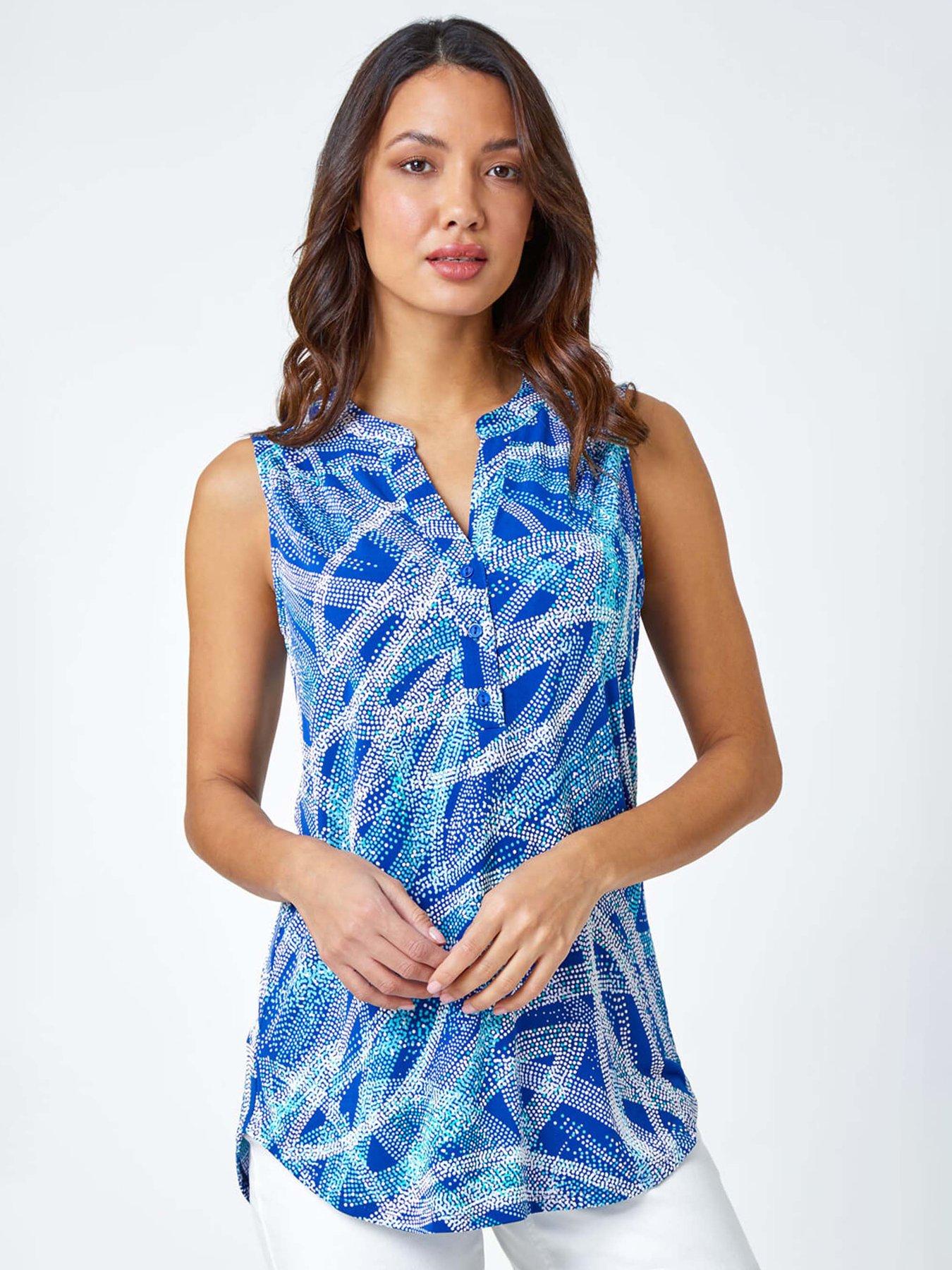 front image of roman-textured-spot-print-sleeveless-v-neck-top