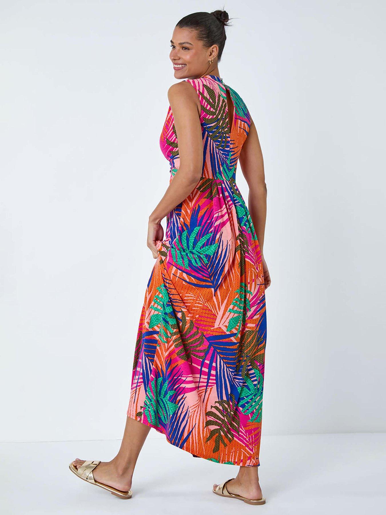 undefined Tropical Gathered Stretch Wrap Maxi Dress - Pink