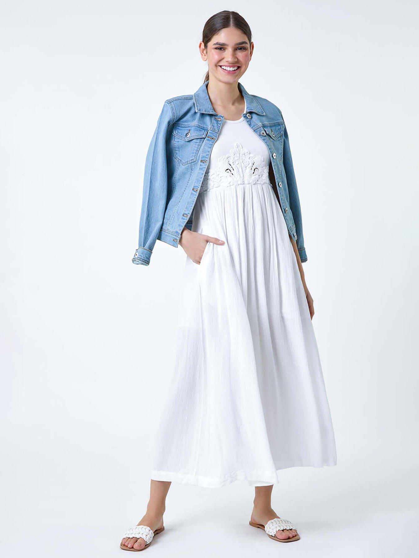 undefined Cotton Blend Lace Detail Midi Dress