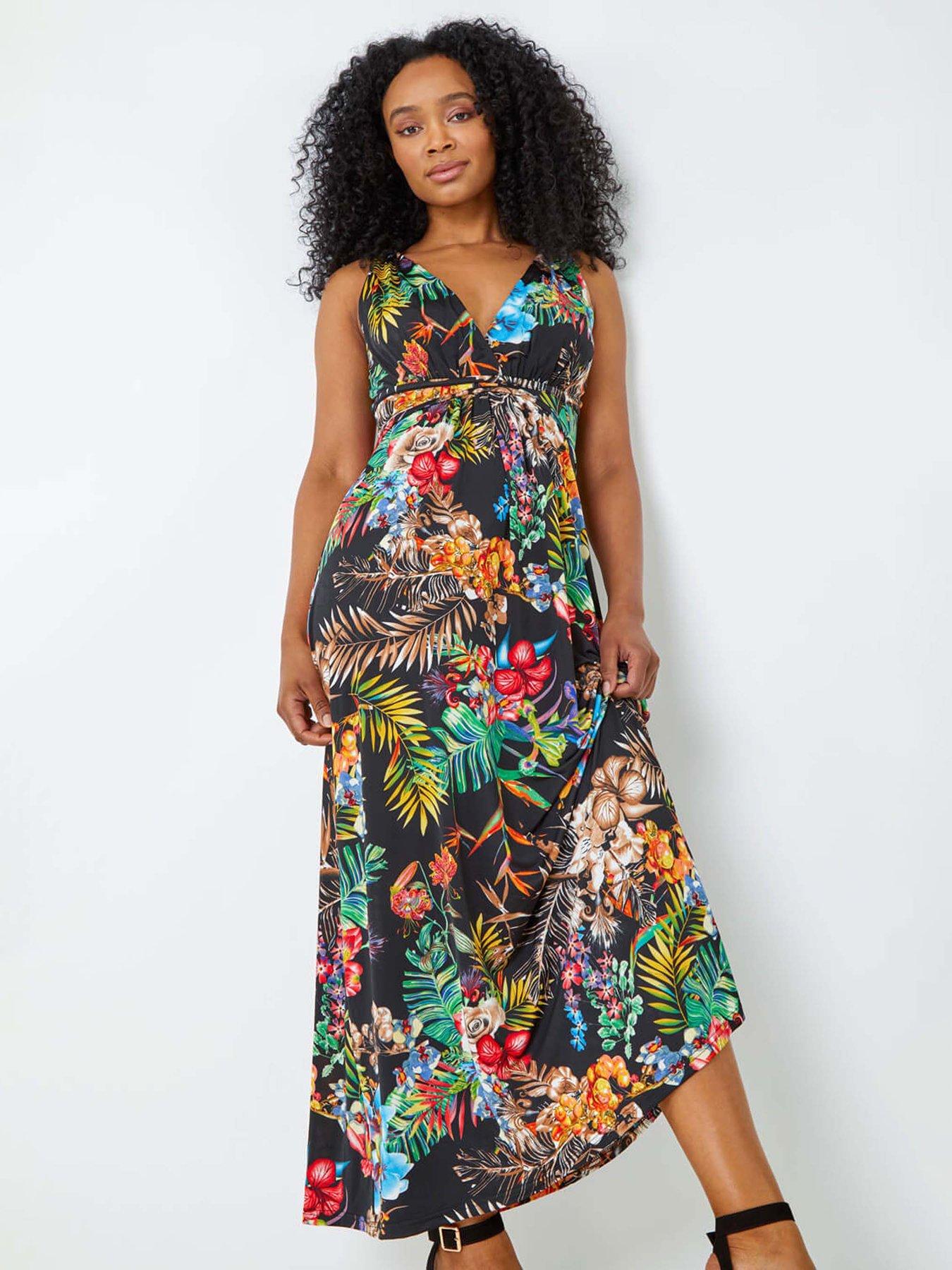 undefined Petite Sleeveless Tropical Maxi Stretch Dress - Black