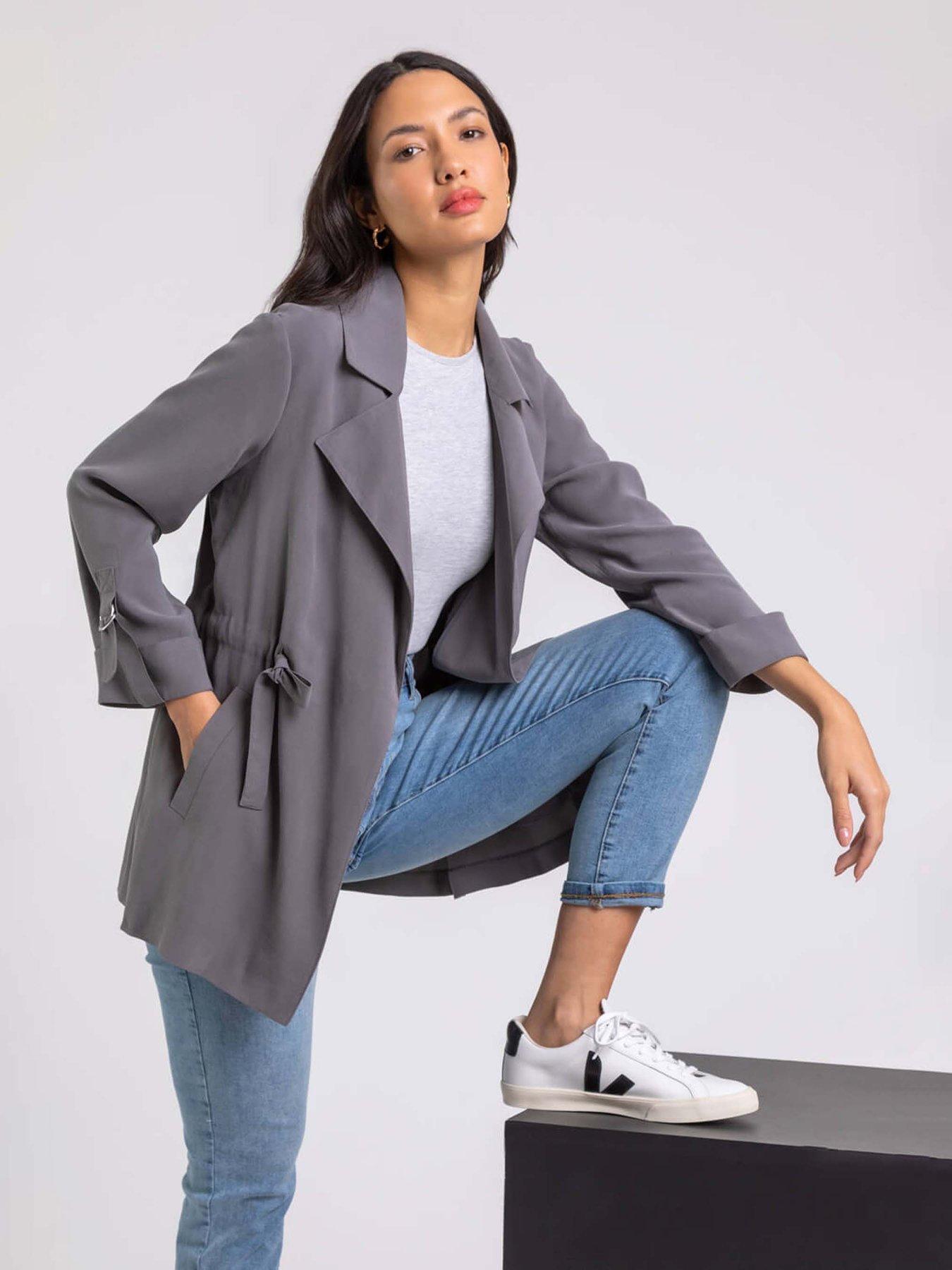 undefined Tie Waist Longline Jacket - Grey