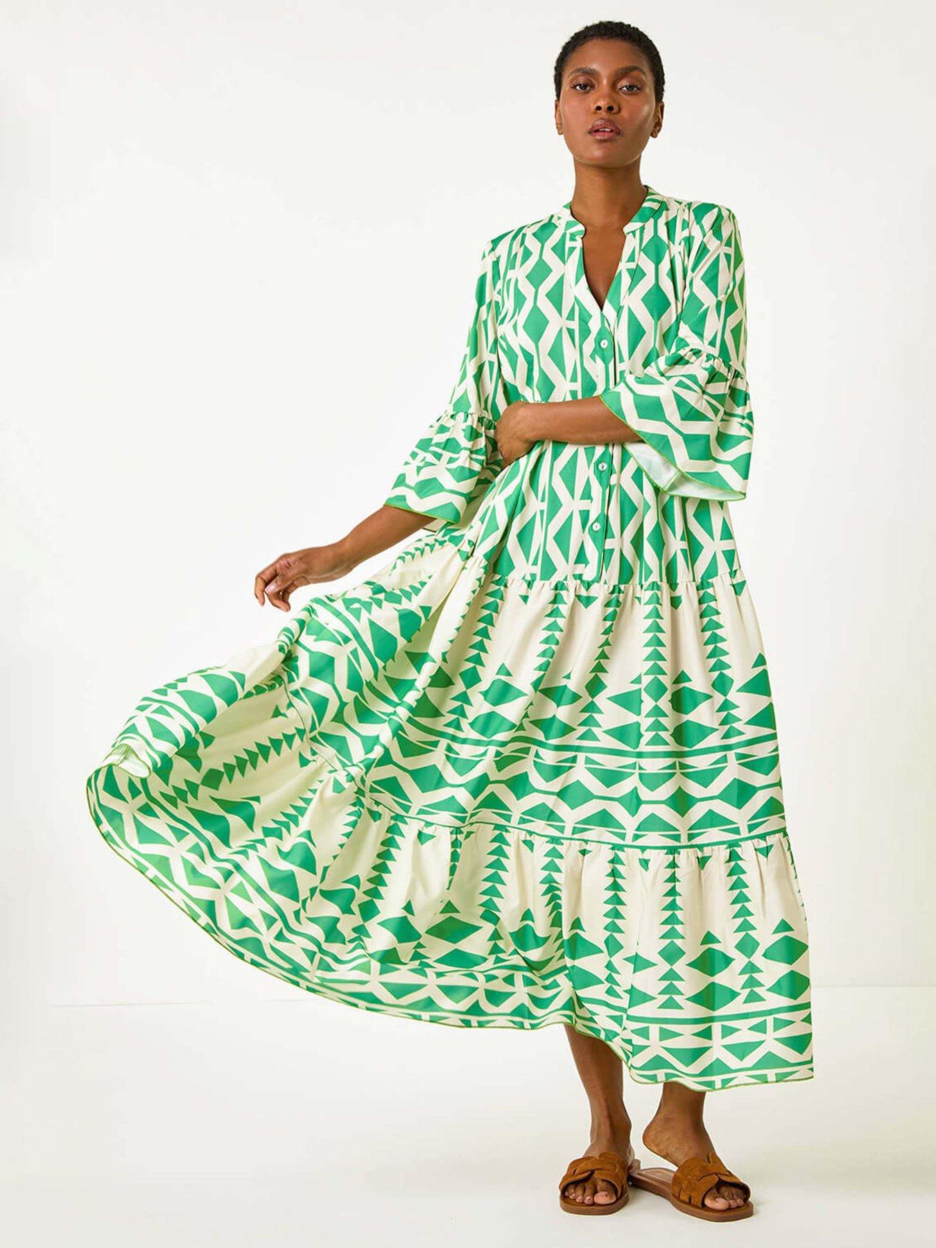roman-aztec-print-tiered-midi-smock-dress