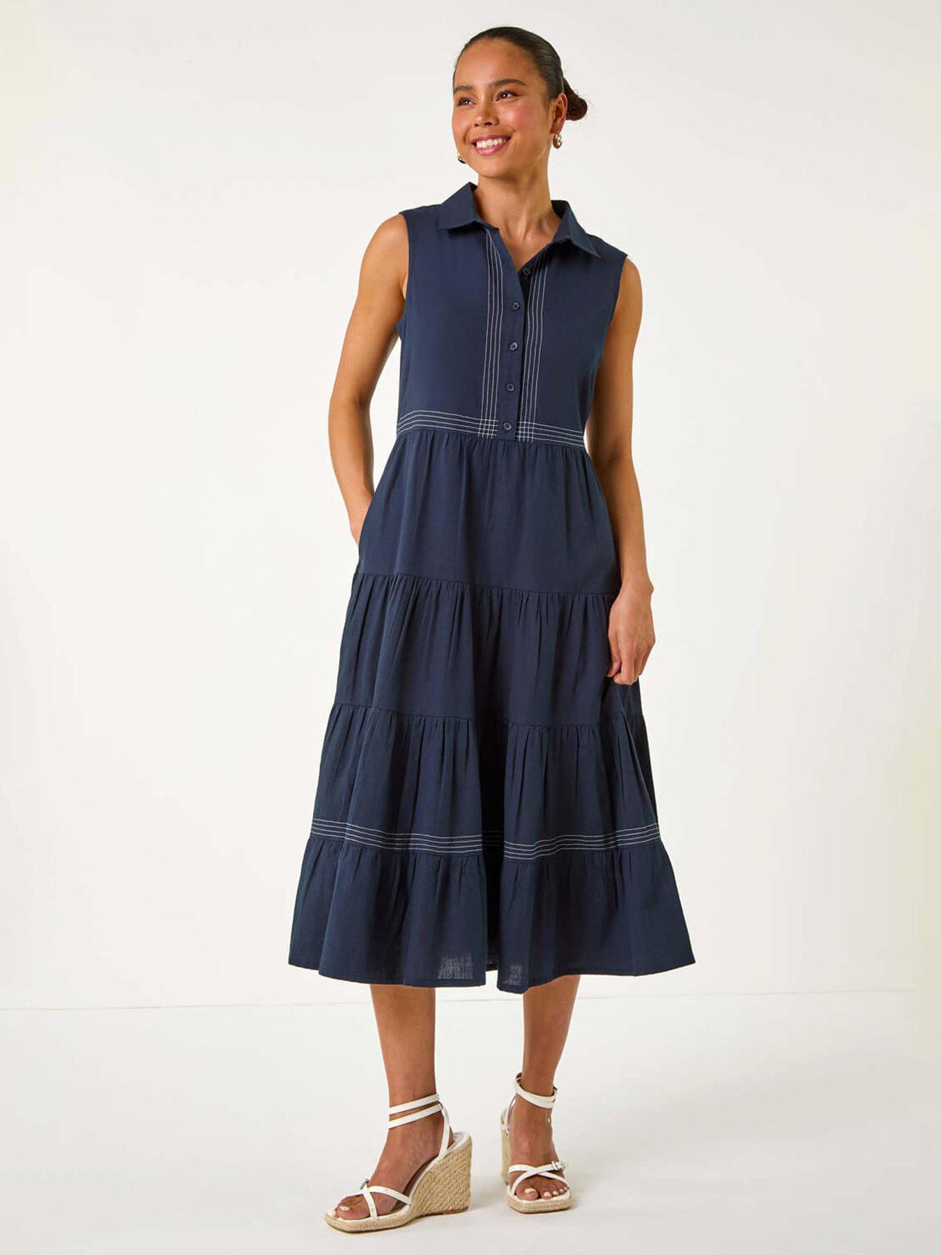 front image of roman-petite-cotton-pocket-tiered-midi-dress