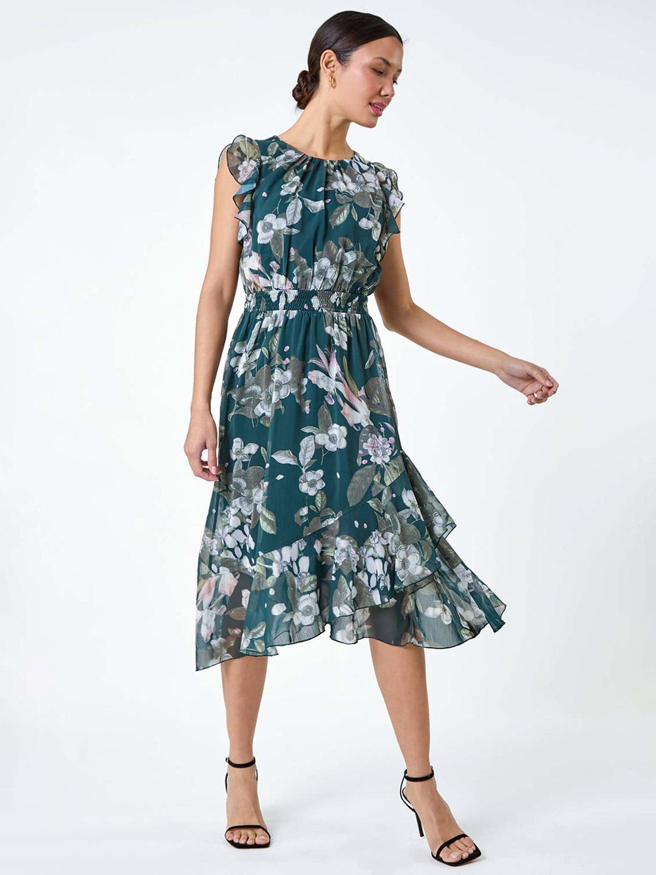 front image of roman-floral-frill-shirred-asymmetric-midi-dress