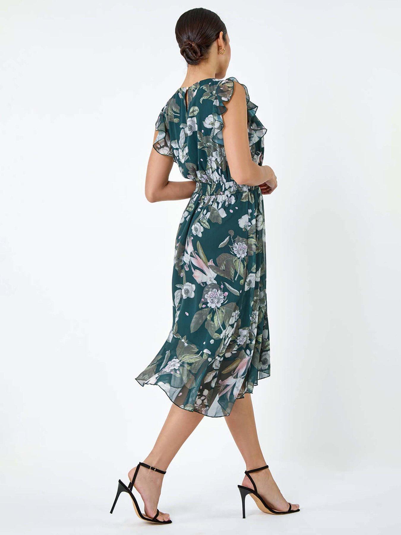 stillFront image of roman-floral-frill-shirred-asymmetric-midi-dress
