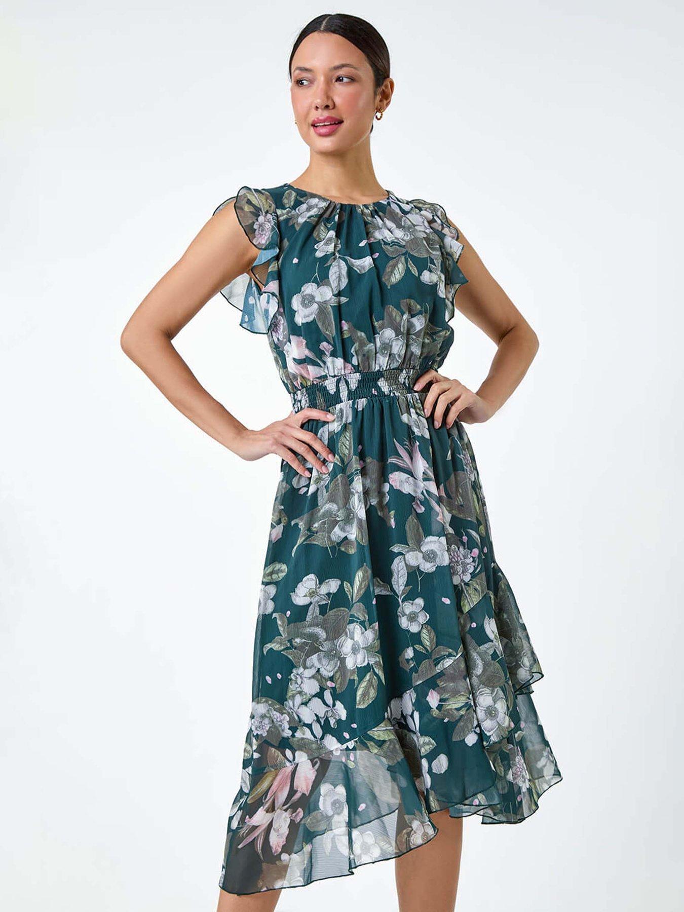  image of roman-floral-frill-shirred-asymmetric-midi-dress
