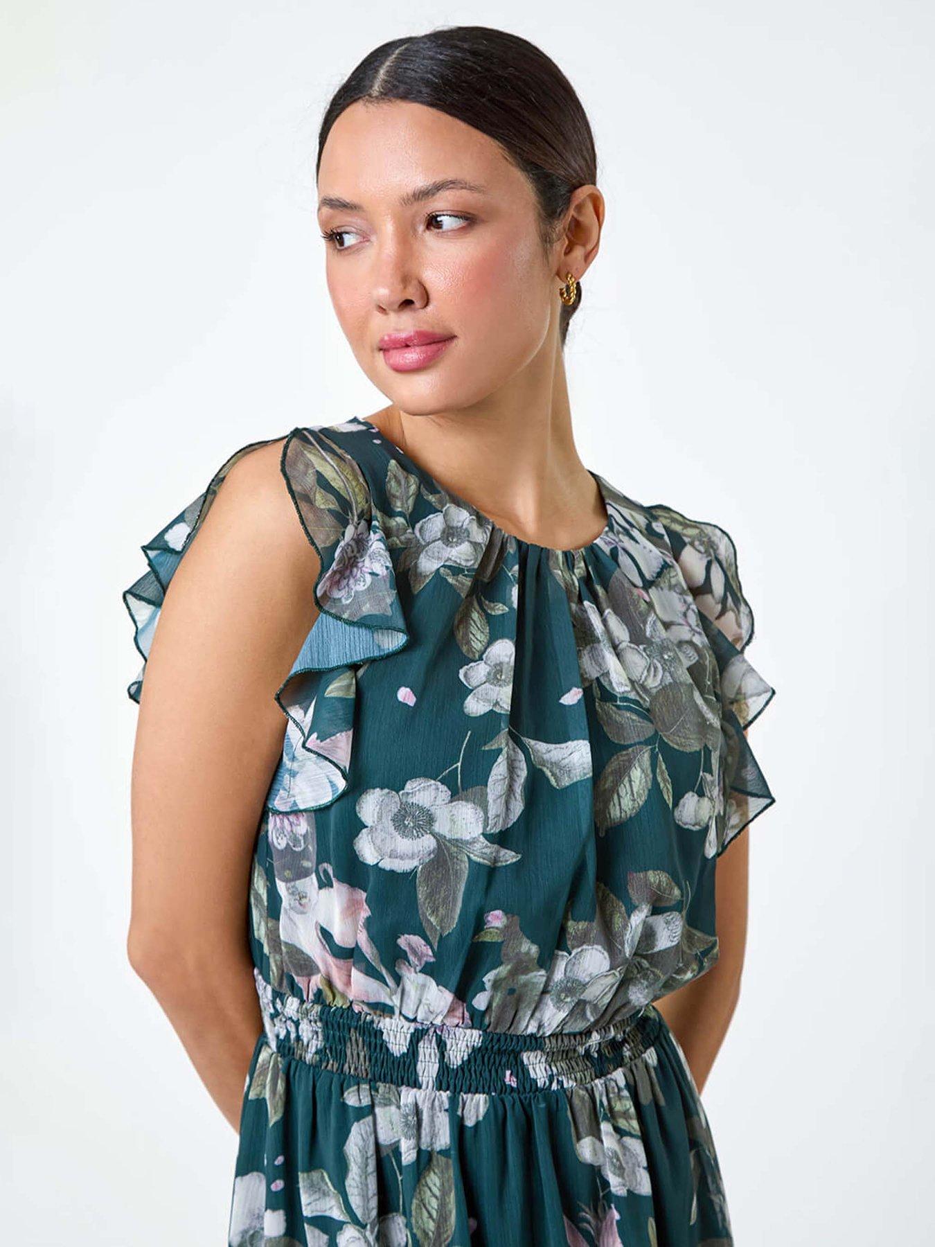  image of roman-floral-frill-shirred-asymmetric-midi-dress