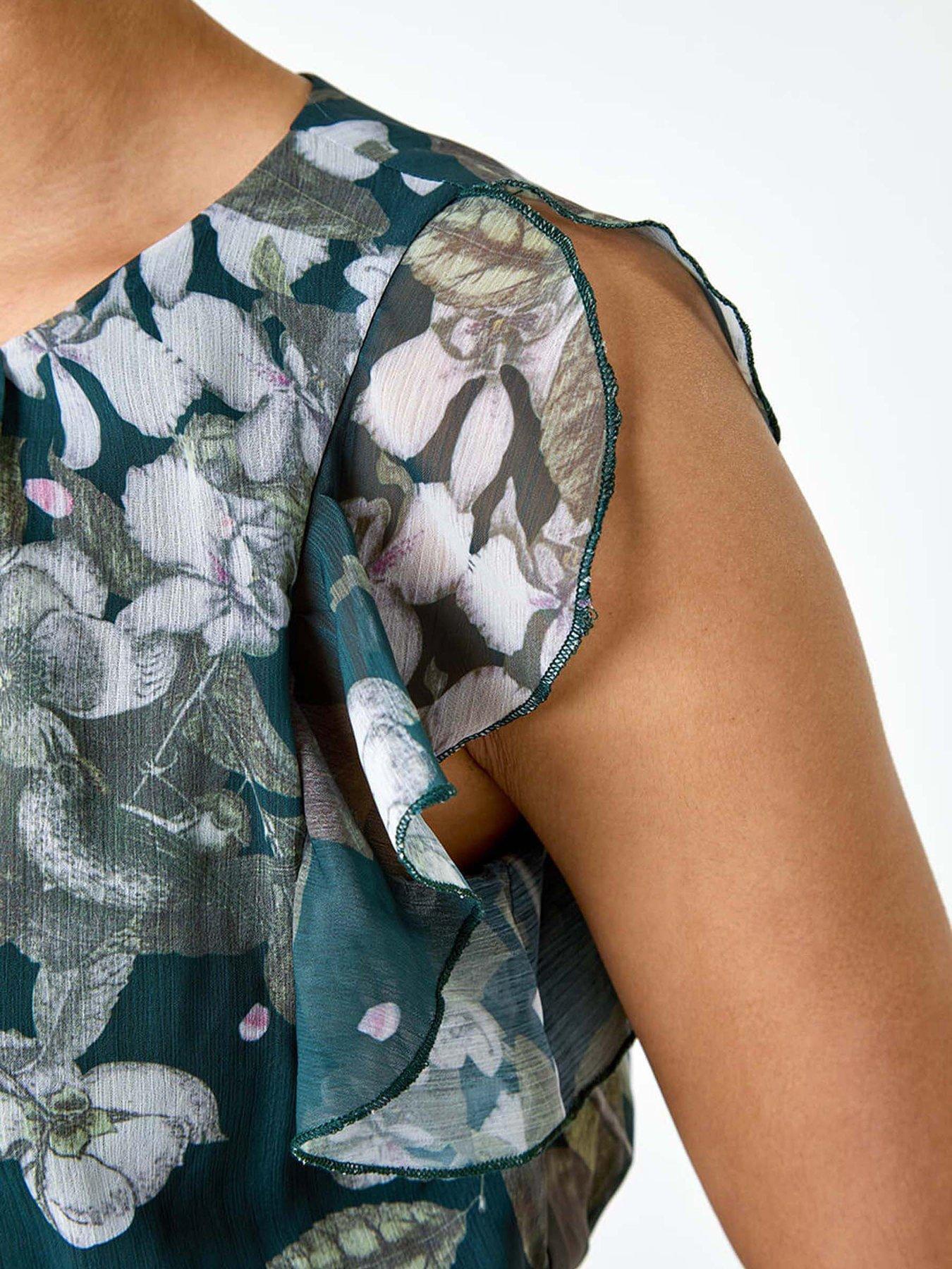  image of roman-floral-frill-shirred-asymmetric-midi-dress