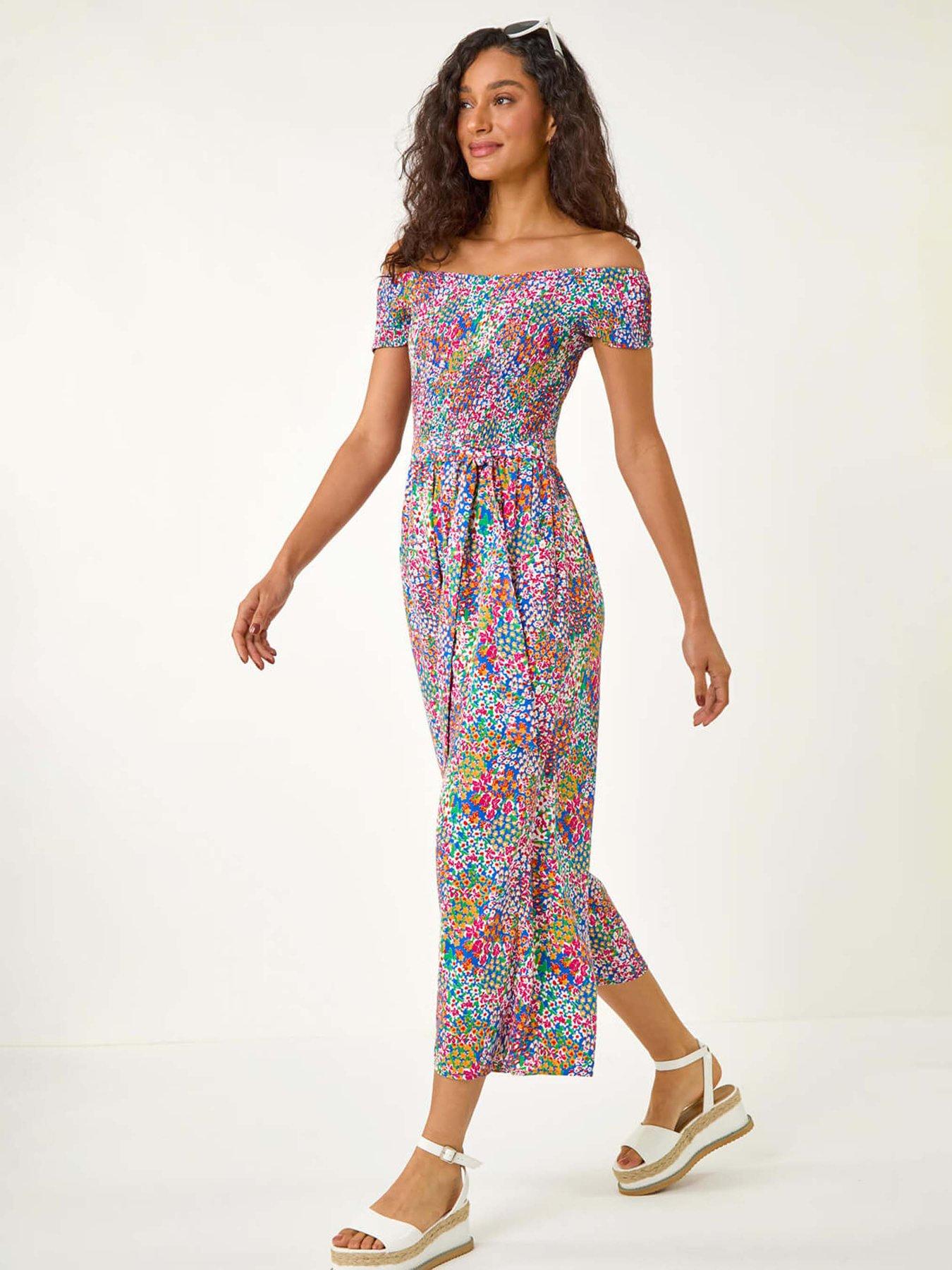 Image 1 of 5 of Roman Floral Shirred Stretch Bardot Jumpsuit