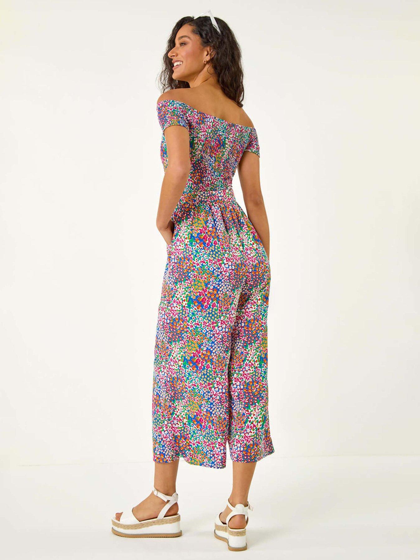 Image 2 of 5 of Roman Floral Shirred Stretch Bardot Jumpsuit