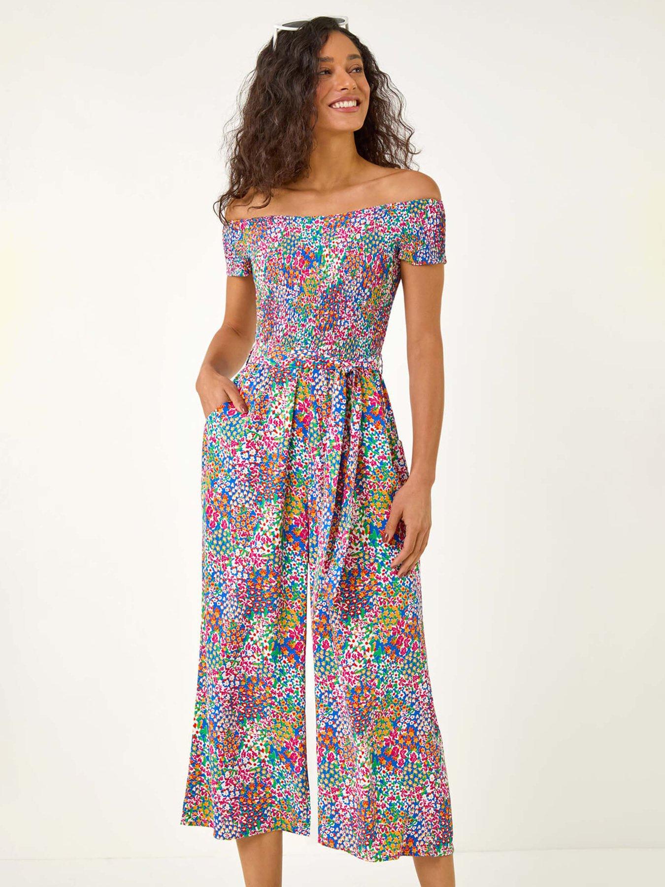Image 3 of 5 of Roman Floral Shirred Stretch Bardot Jumpsuit