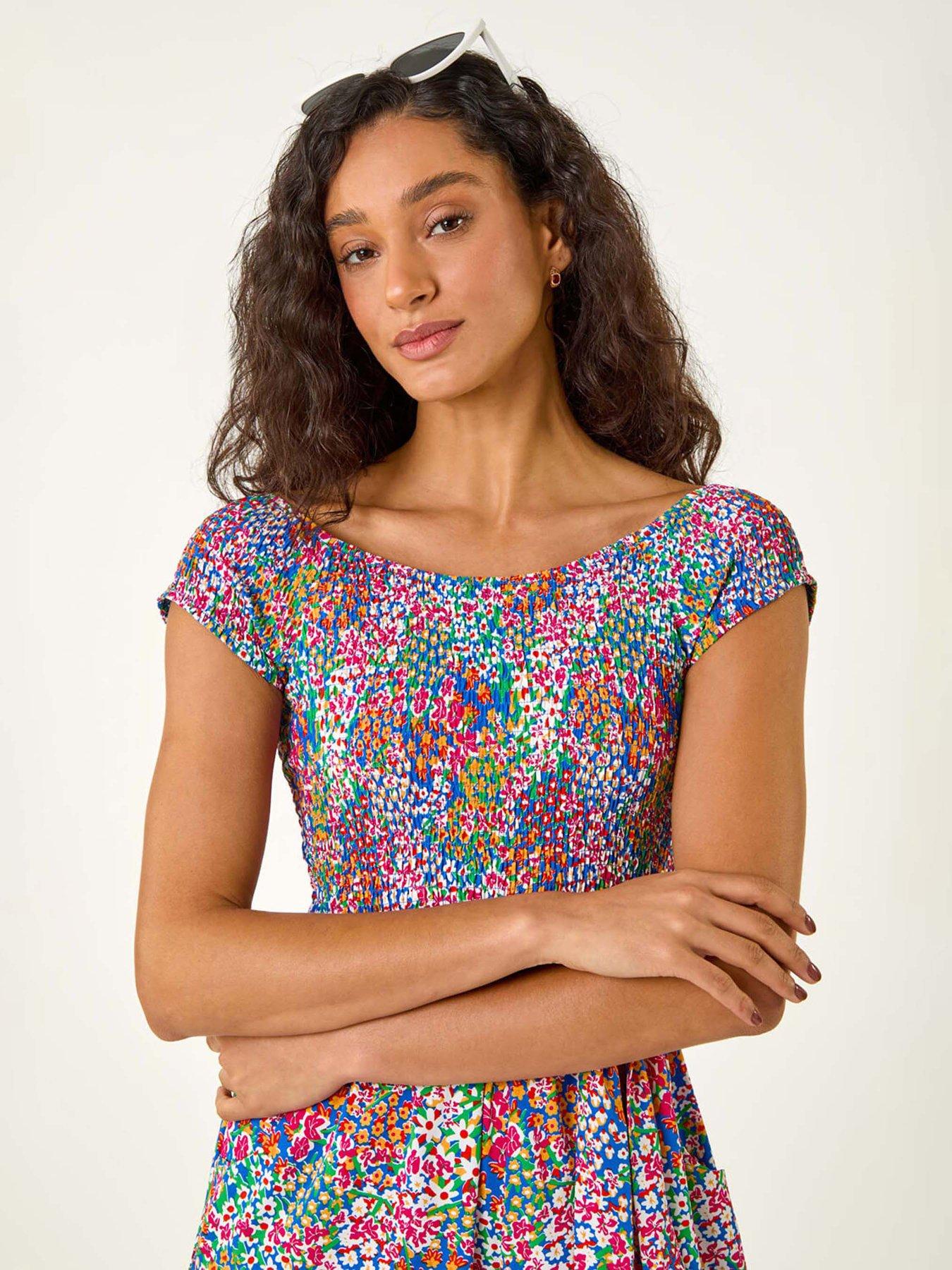 Image 5 of 5 of Roman Floral Shirred Stretch Bardot Jumpsuit