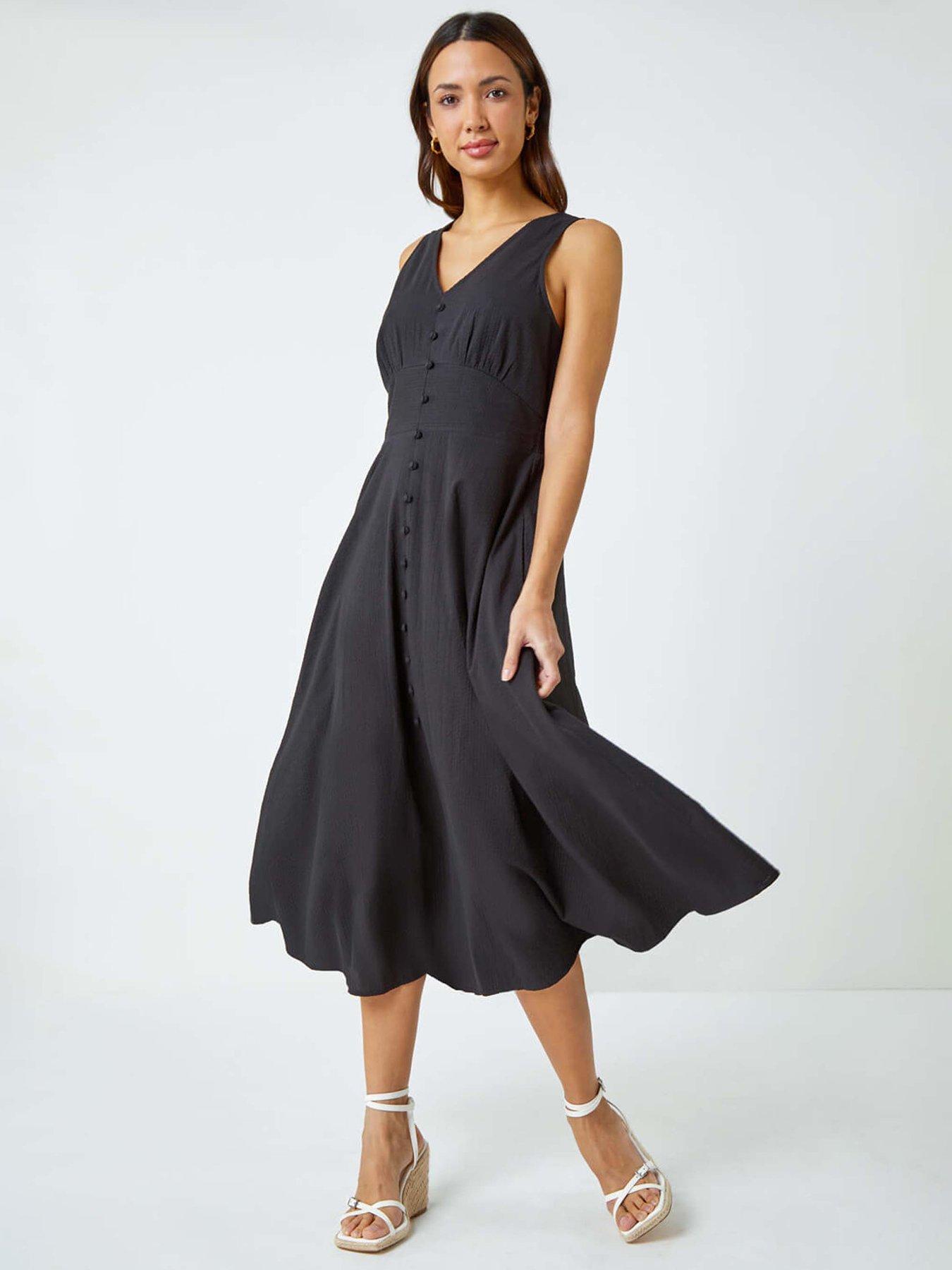 undefined Sleeveless Button Detail Cotton Midi Dress