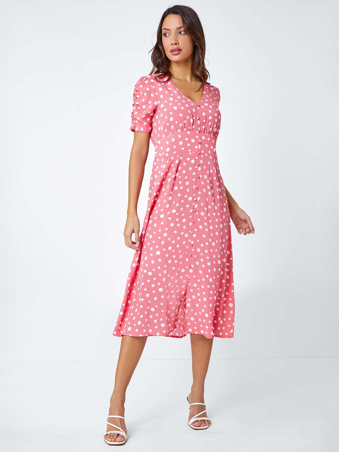 roman-polka-dot-ruched-sleeve-midi-dress-pink