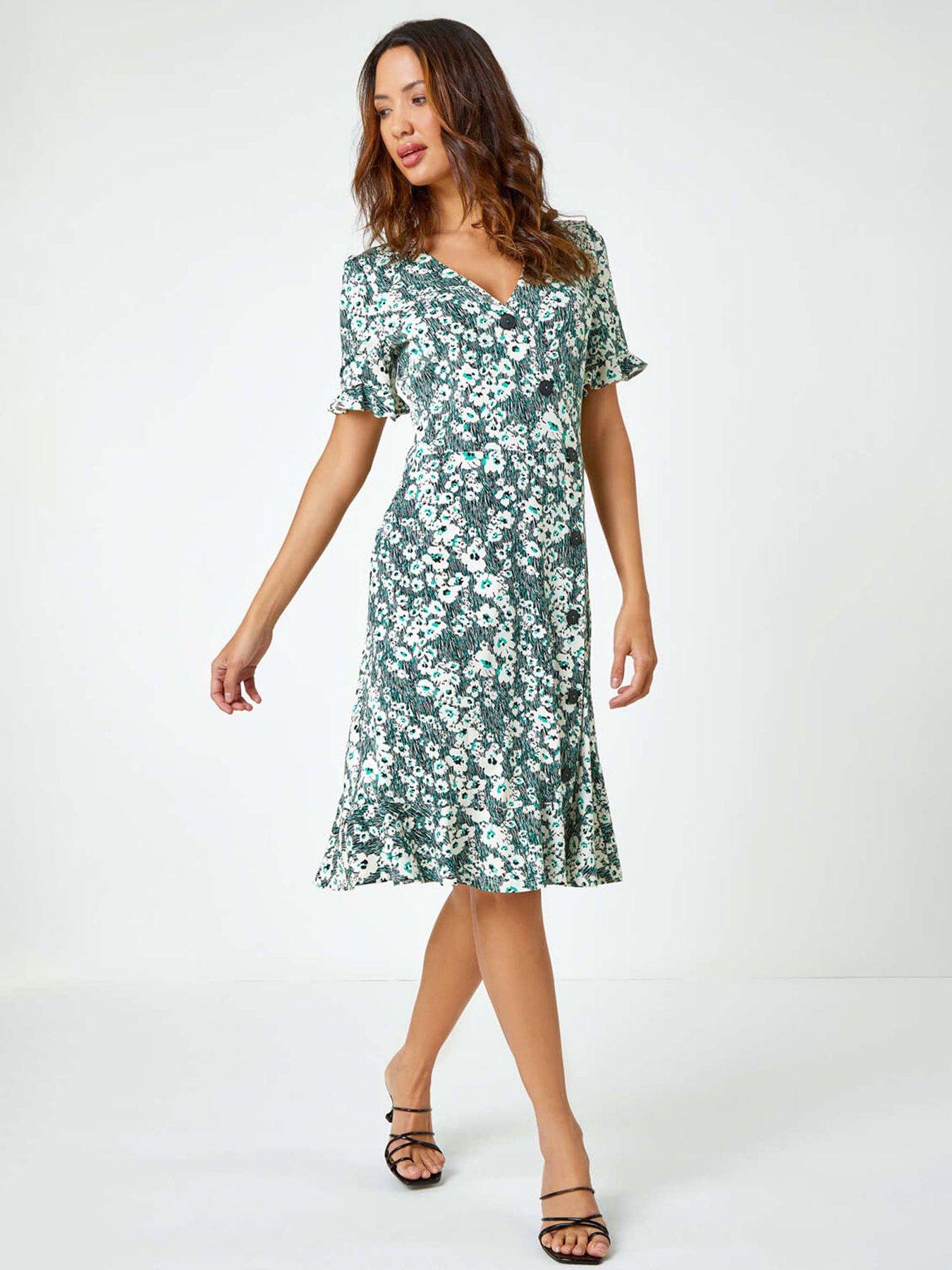 undefined Floral Print Button Detail Tea Dress
