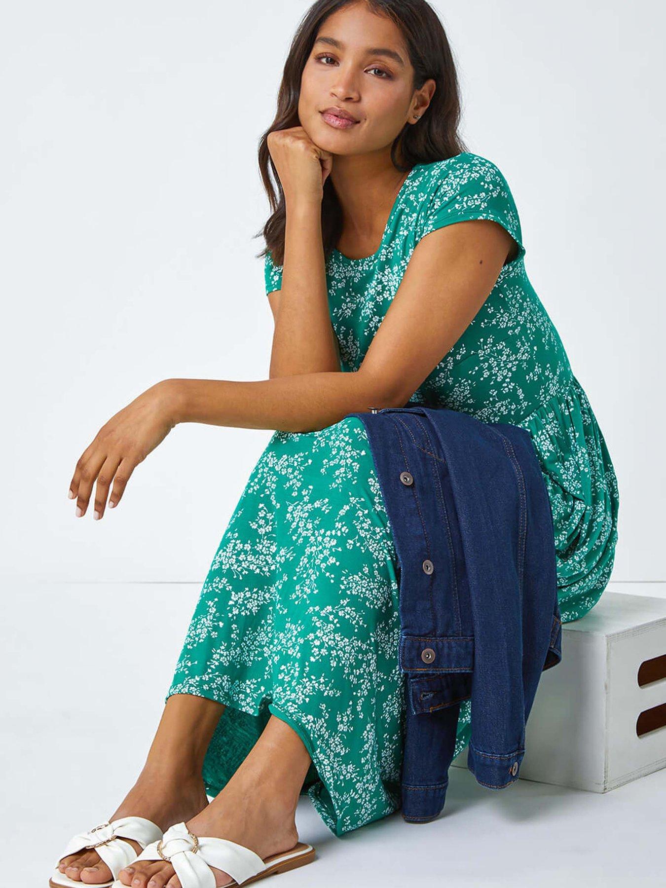  image of roman-ditsy-gathered-skirt-stretch-midi-dress