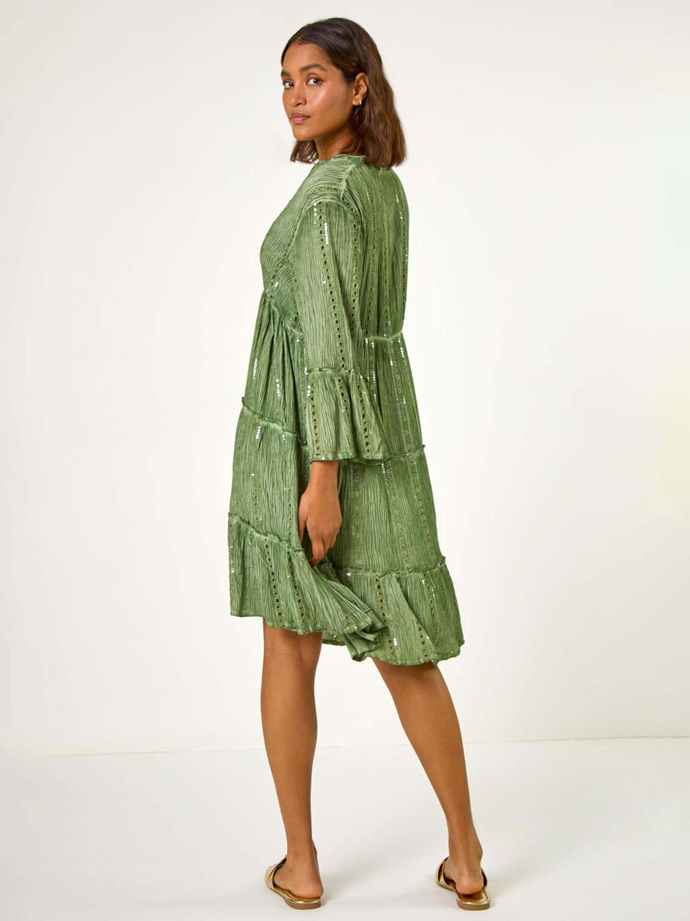 Image 2 of 5 of Roman Shimmer Tie Detail Smock Dress - Green