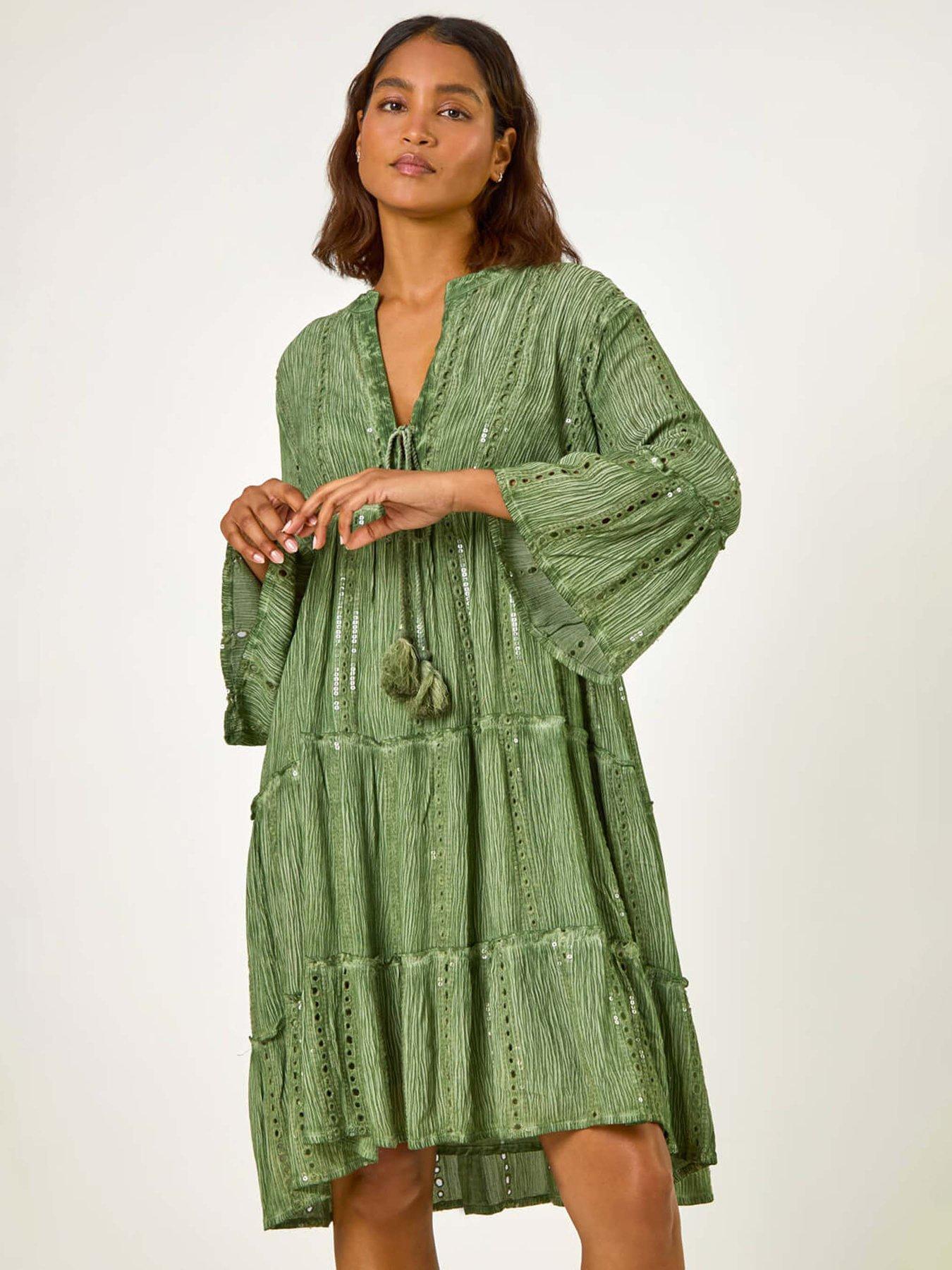 Image 3 of 5 of Roman Shimmer Tie Detail Smock Dress - Green
