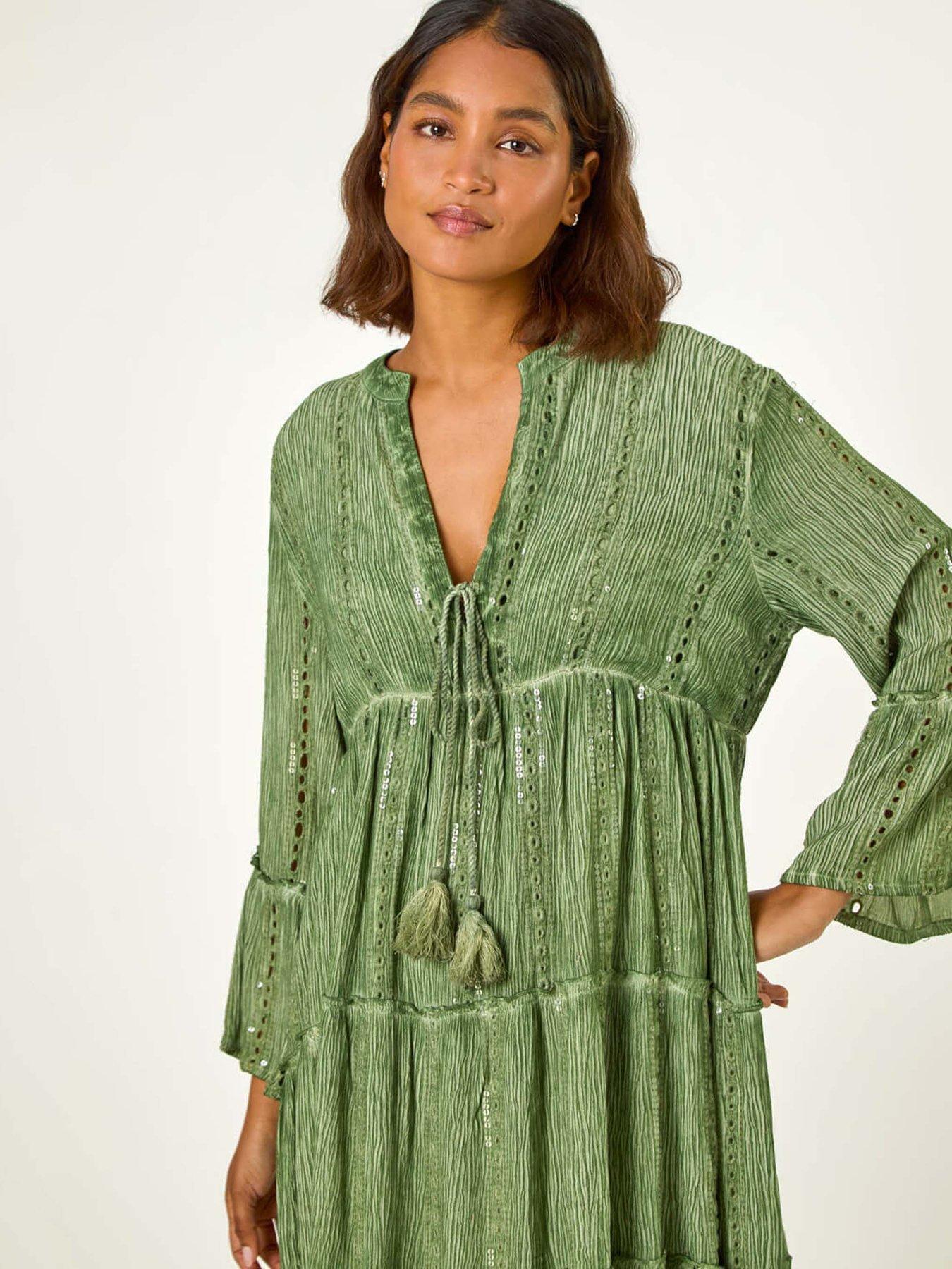 Image 4 of 5 of Roman Shimmer Tie Detail Smock Dress - Green