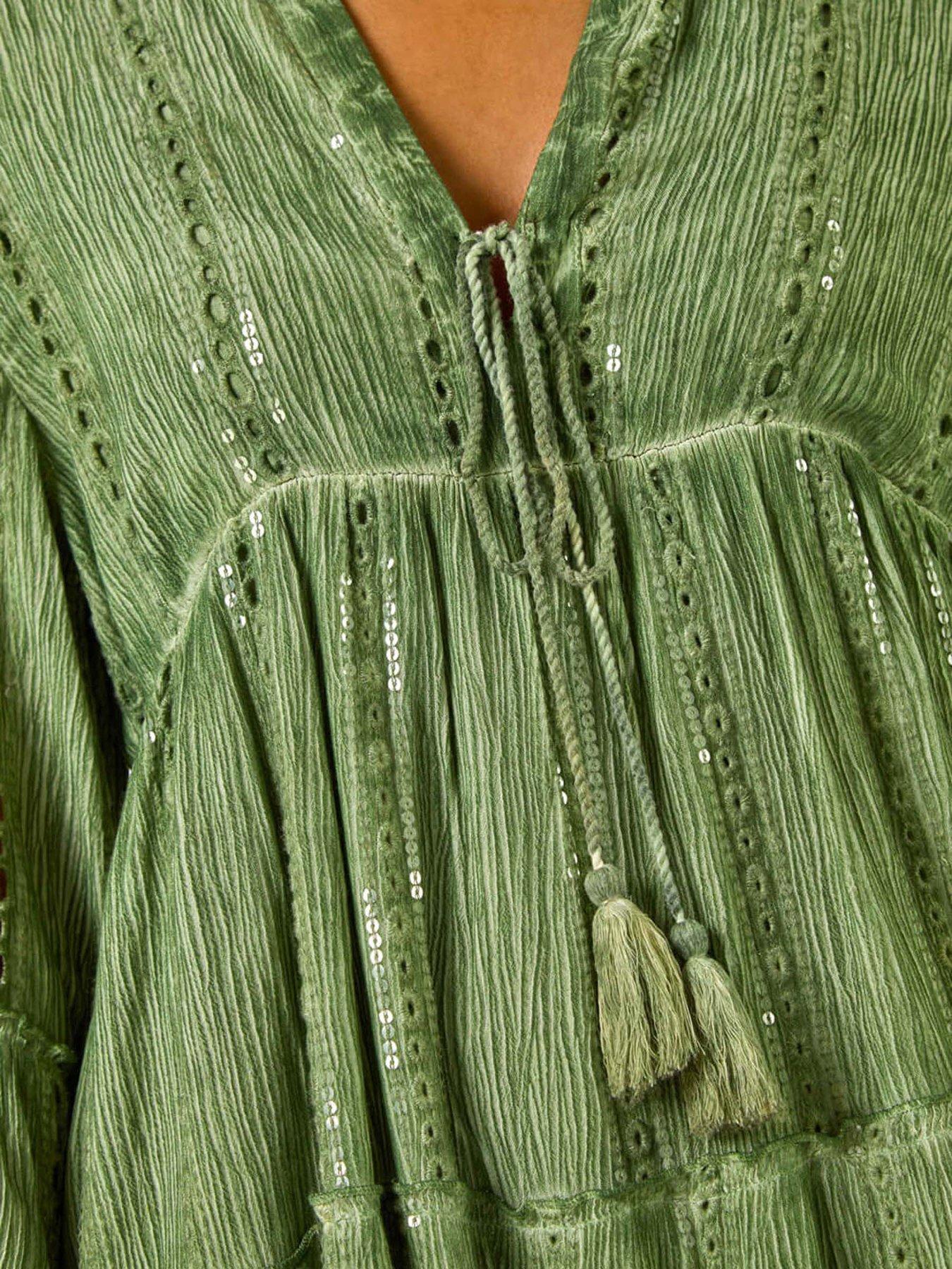 Image 5 of 5 of Roman Shimmer Tie Detail Smock Dress - Green