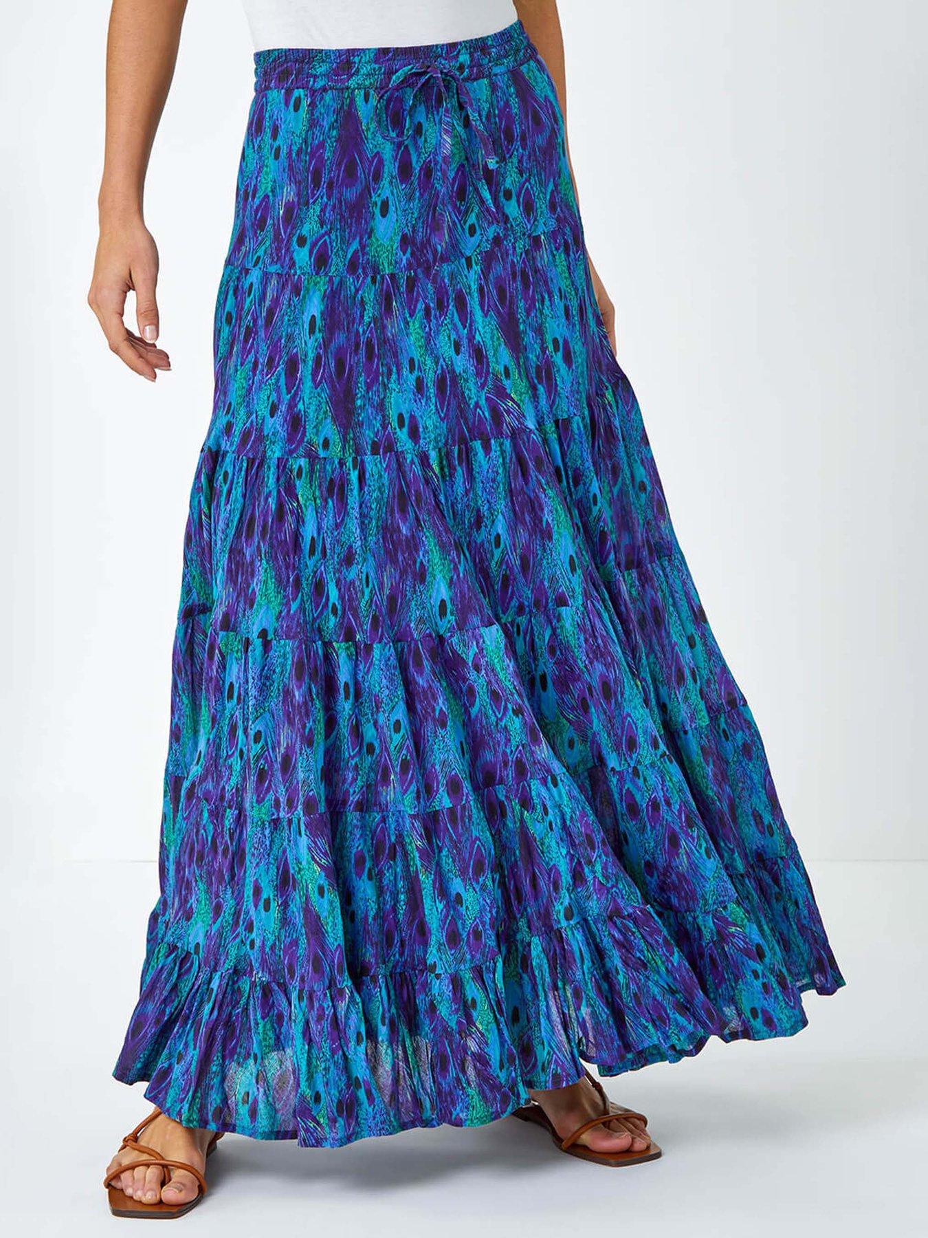 undefined Feather Print Tiered Cotton Maxi Skirt