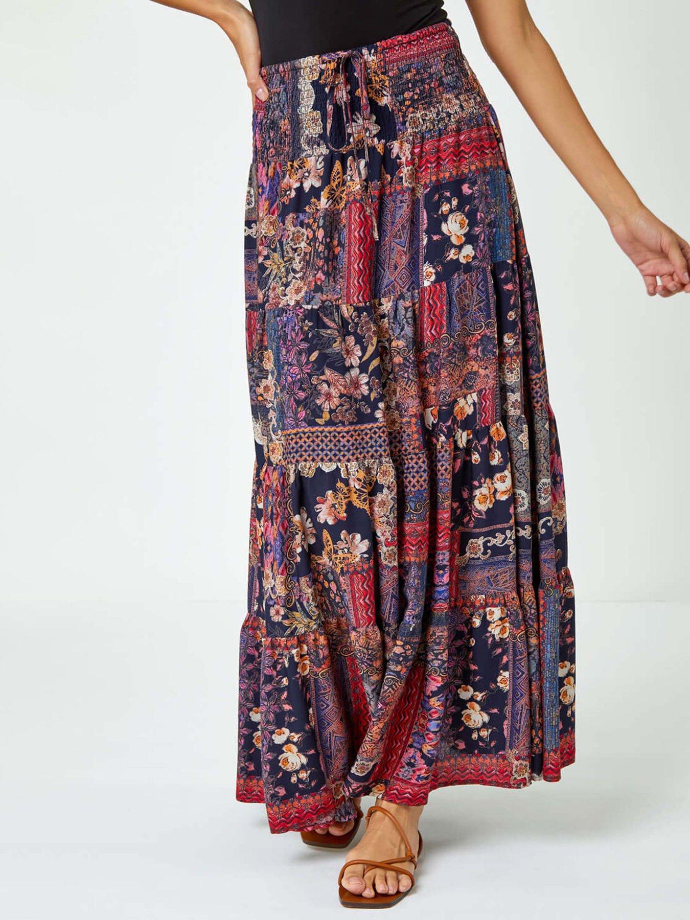 front image of roman-boho-floral-shirred-waist-maxi-skirt