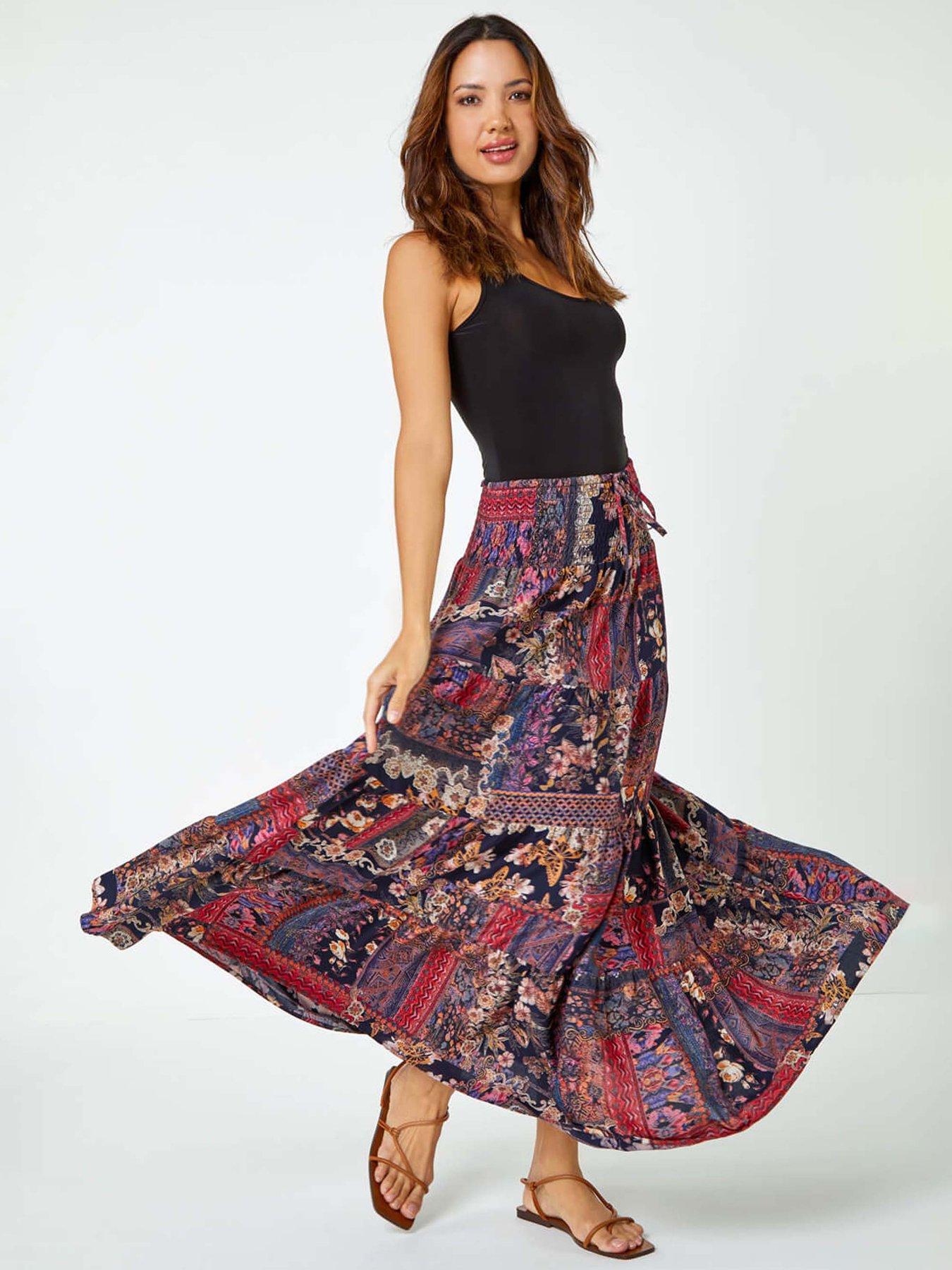  image of roman-boho-floral-shirred-waist-maxi-skirt