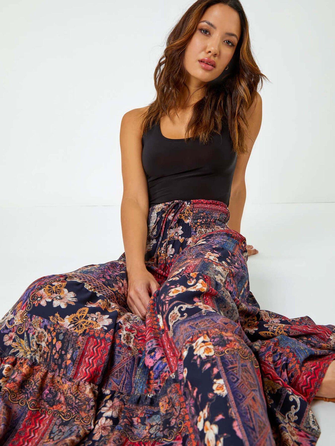  image of roman-boho-floral-shirred-waist-maxi-skirt