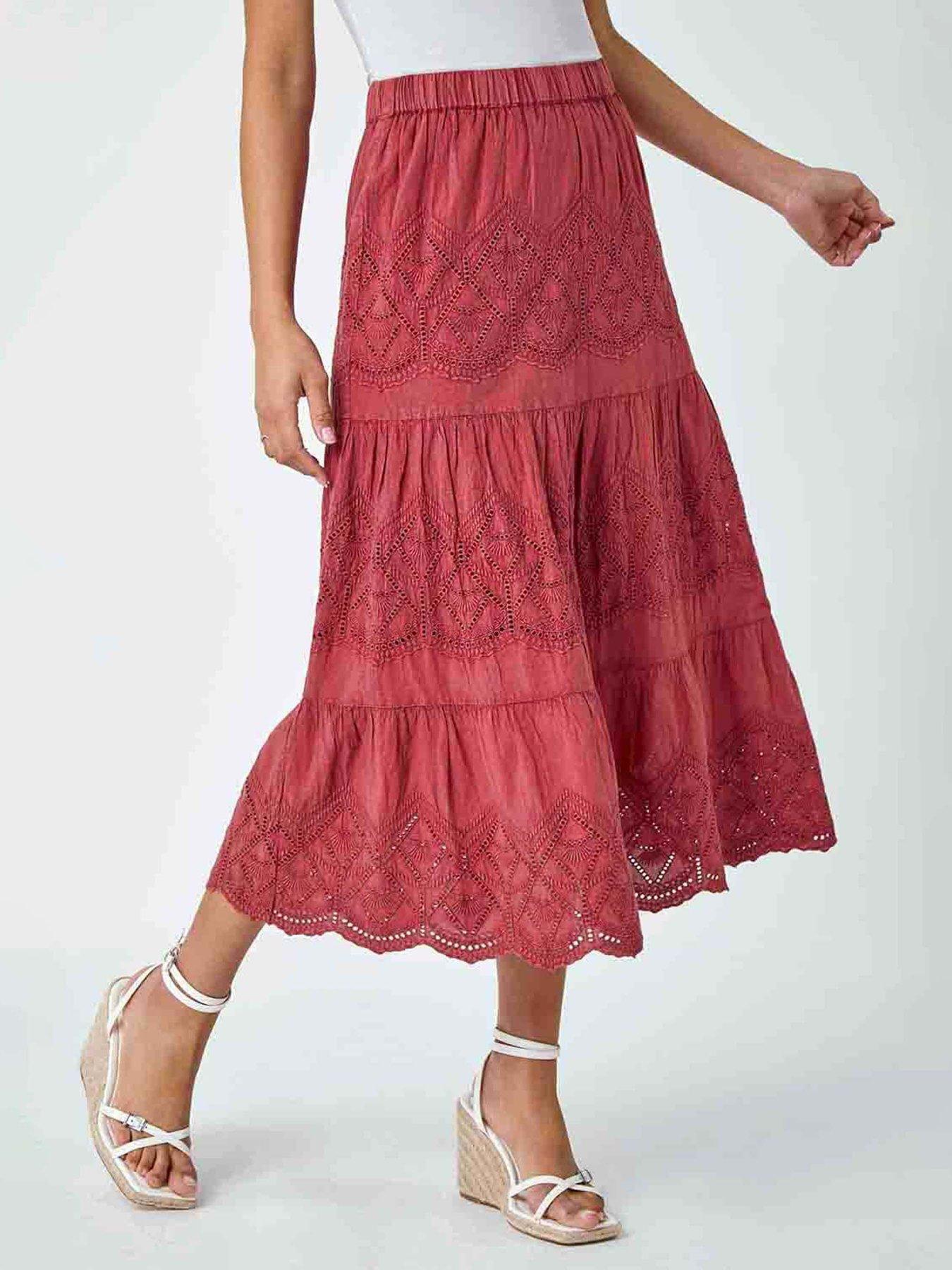 undefined Broderie Elastic Waist A Line Tiered Midi Skirt