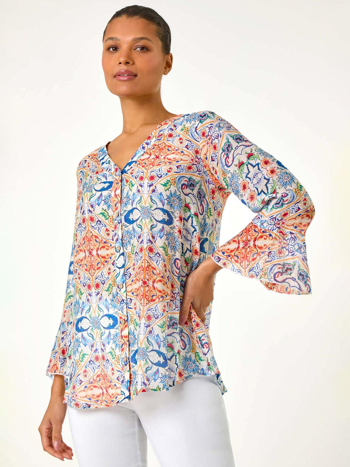 front image of roman-abstract-floral-frill-sleeve-top