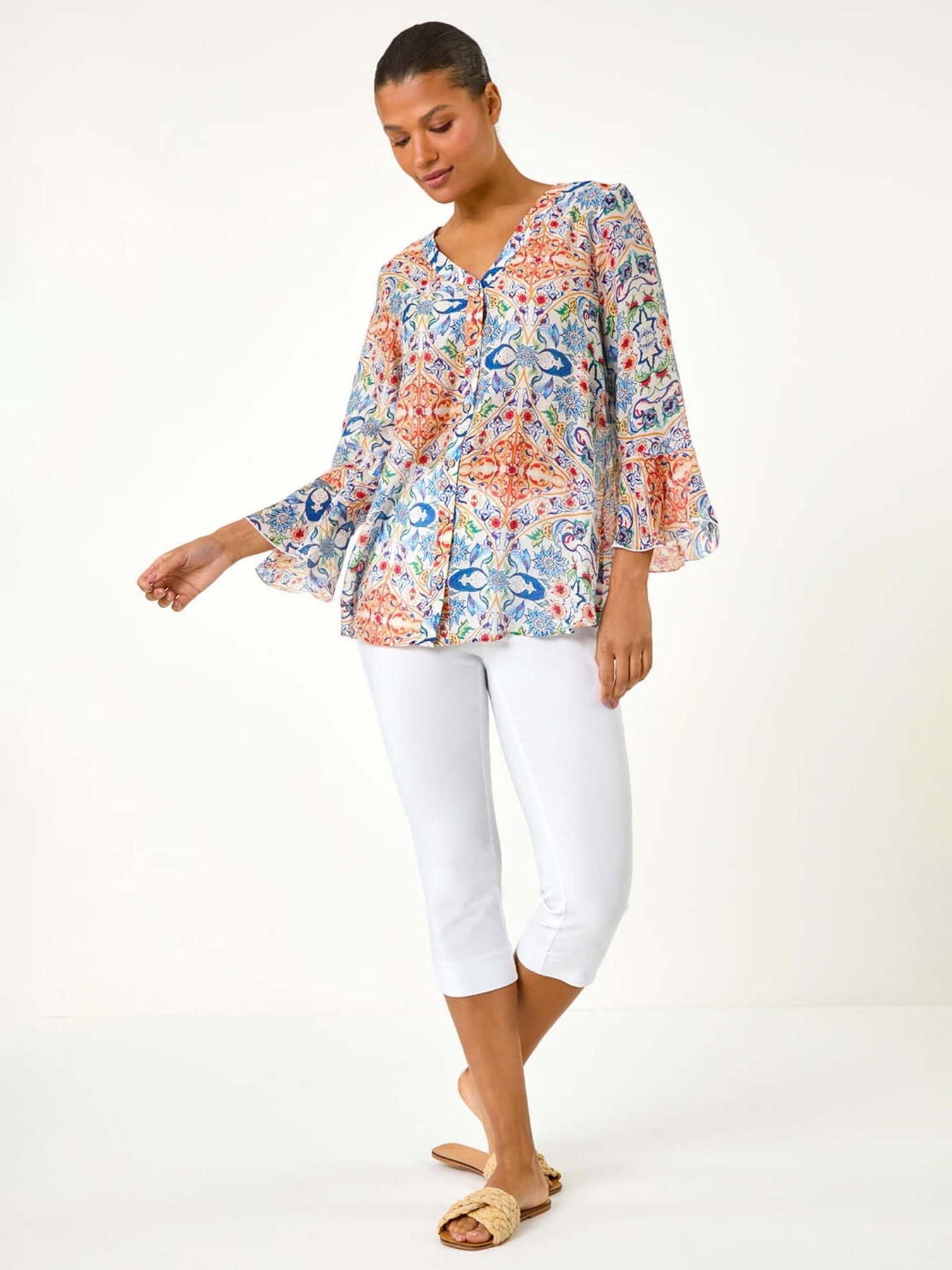 image of roman-abstract-floral-frill-sleeve-top