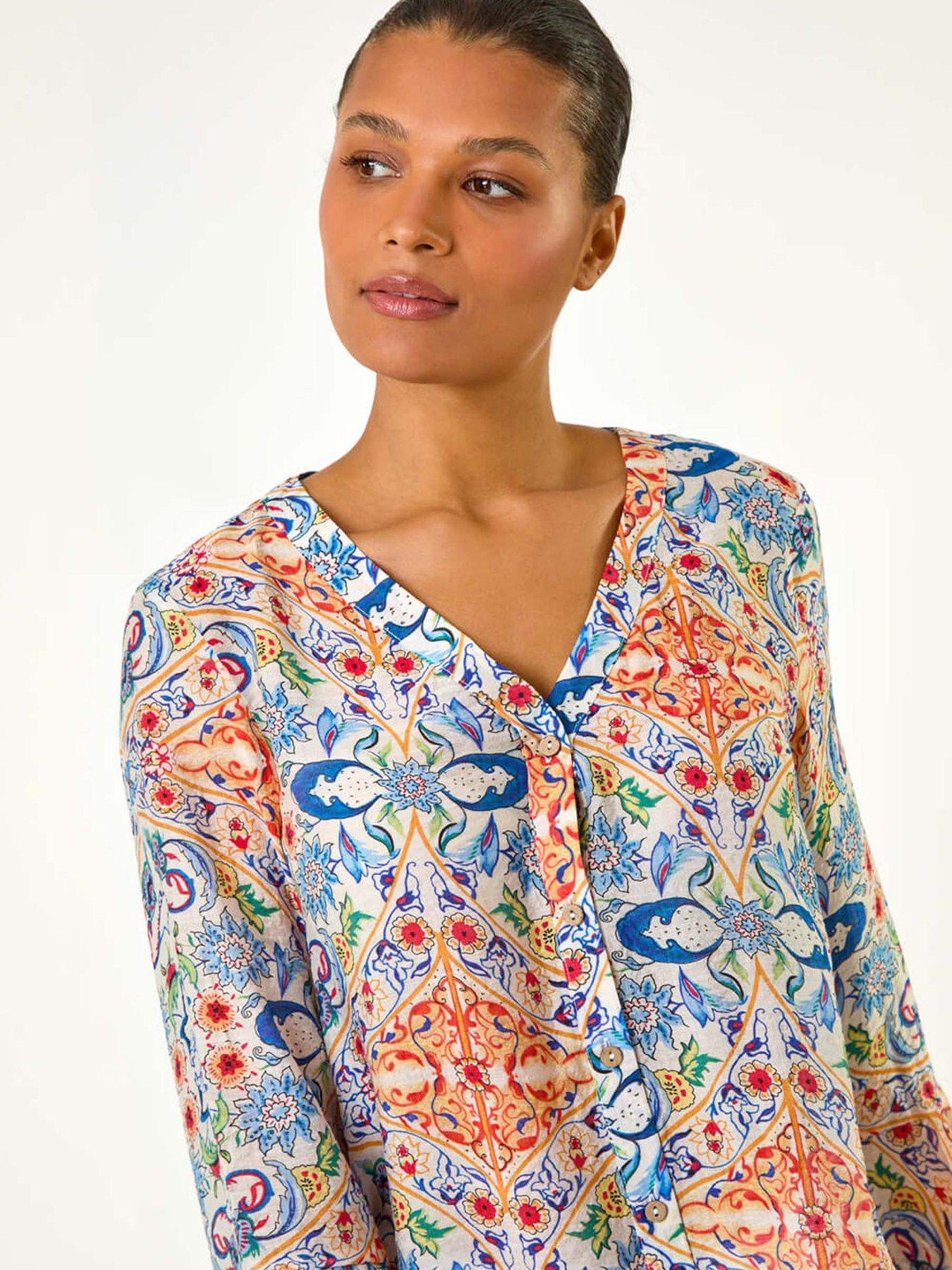  image of roman-abstract-floral-frill-sleeve-top