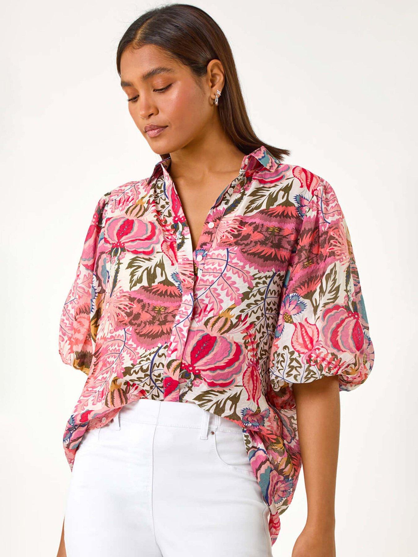 undefined Floral Leaf Print Puff Sleeve Shirt