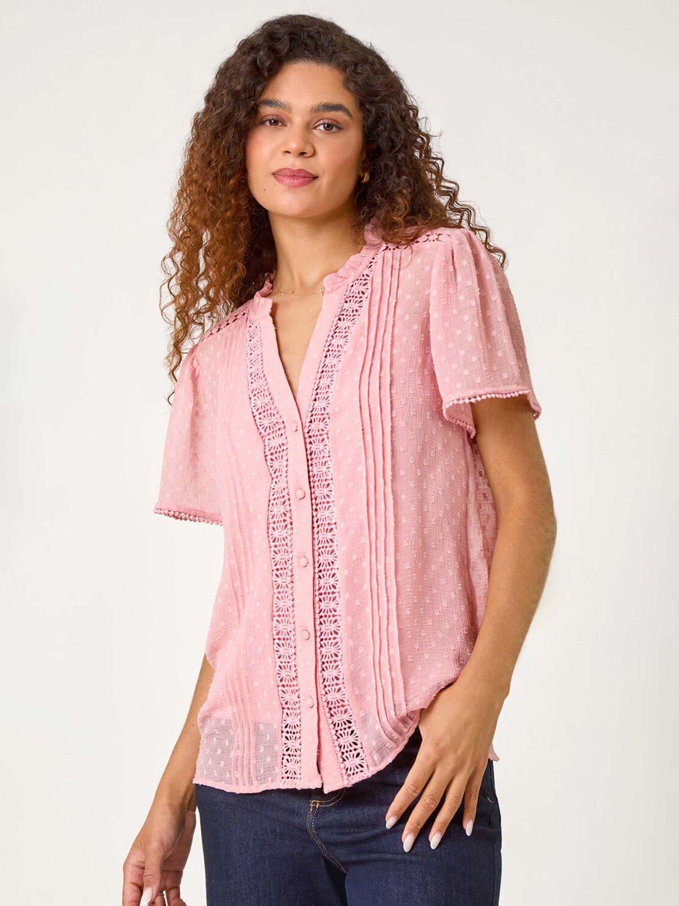 Image 1 of 5 of Roman Textured Spot Lace Trim Blouse