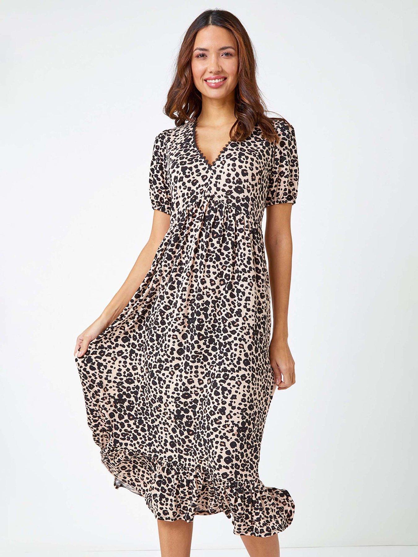 undefined Leopard Print Lace Trim Midi Dress
