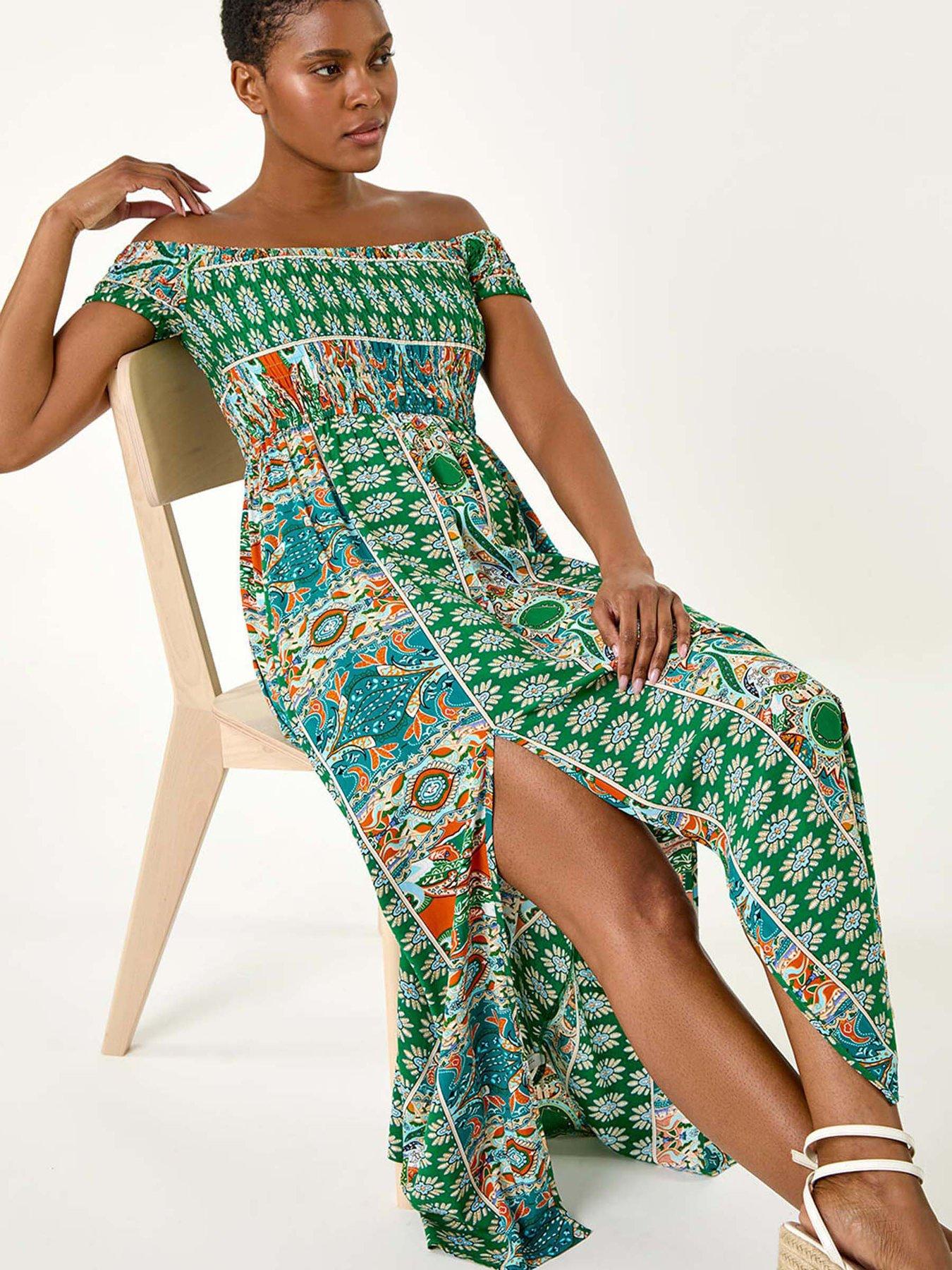 roman-patchwork-shirred-bardot-maxi-dress-green