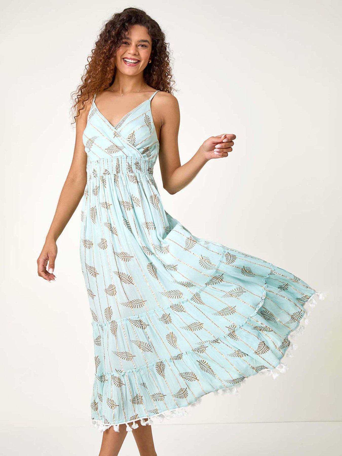 undefined Metallic Leaf Print Shirred Maxi Dress
