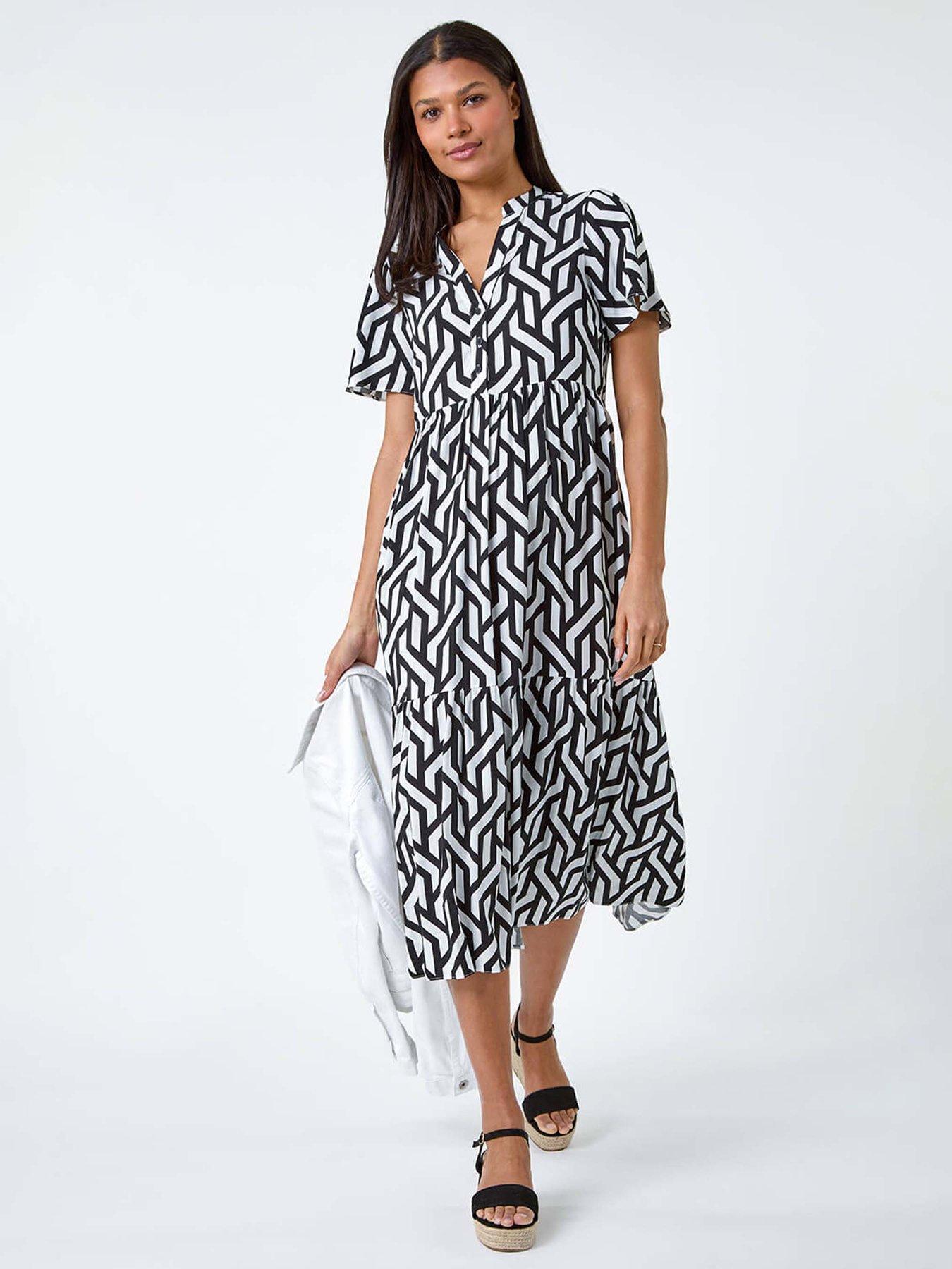 undefined Geometric Print Tiered Midi Dress