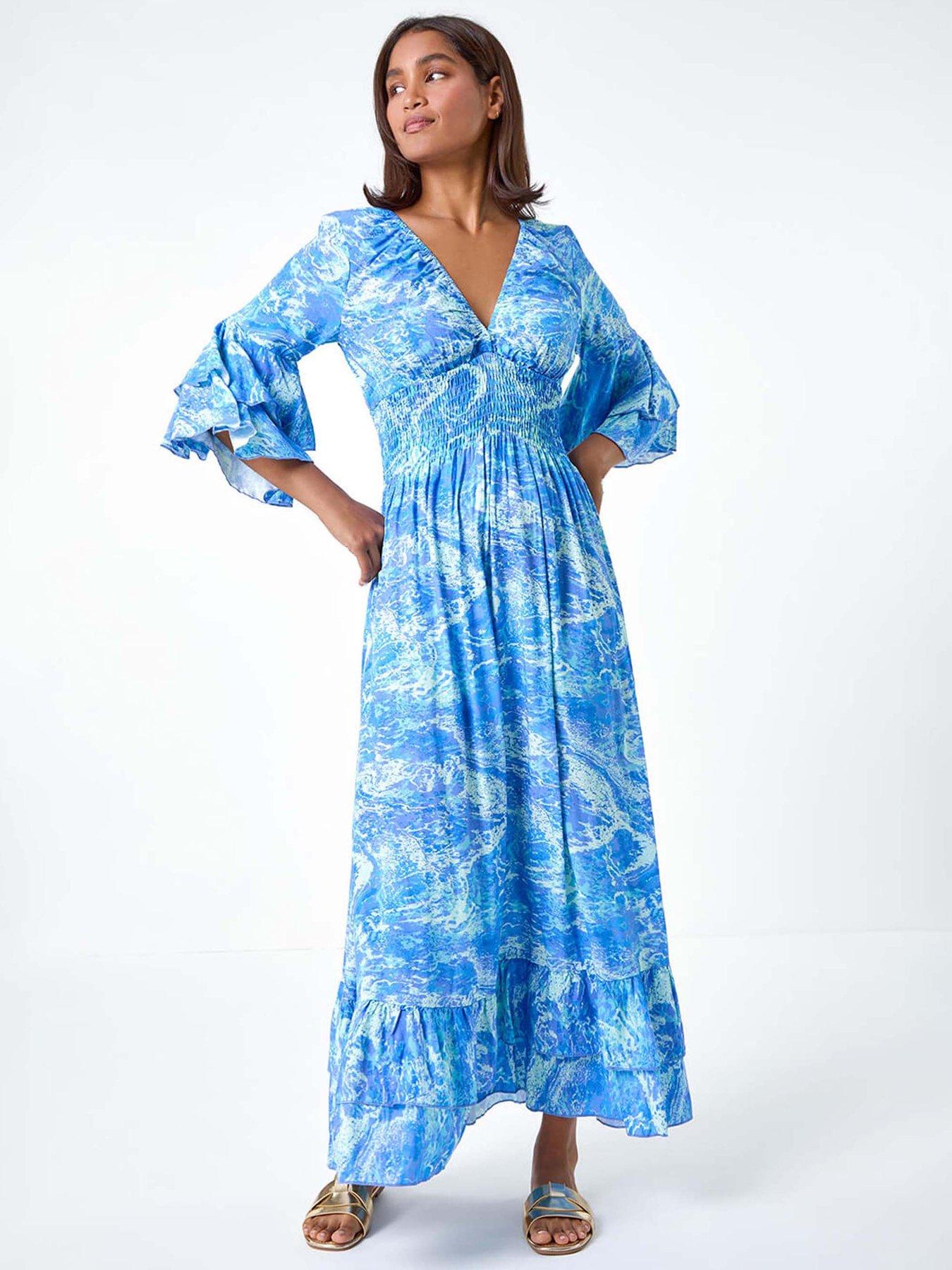 undefined Abstract Ruffle Detail Shirred Maxi Dress - Blue