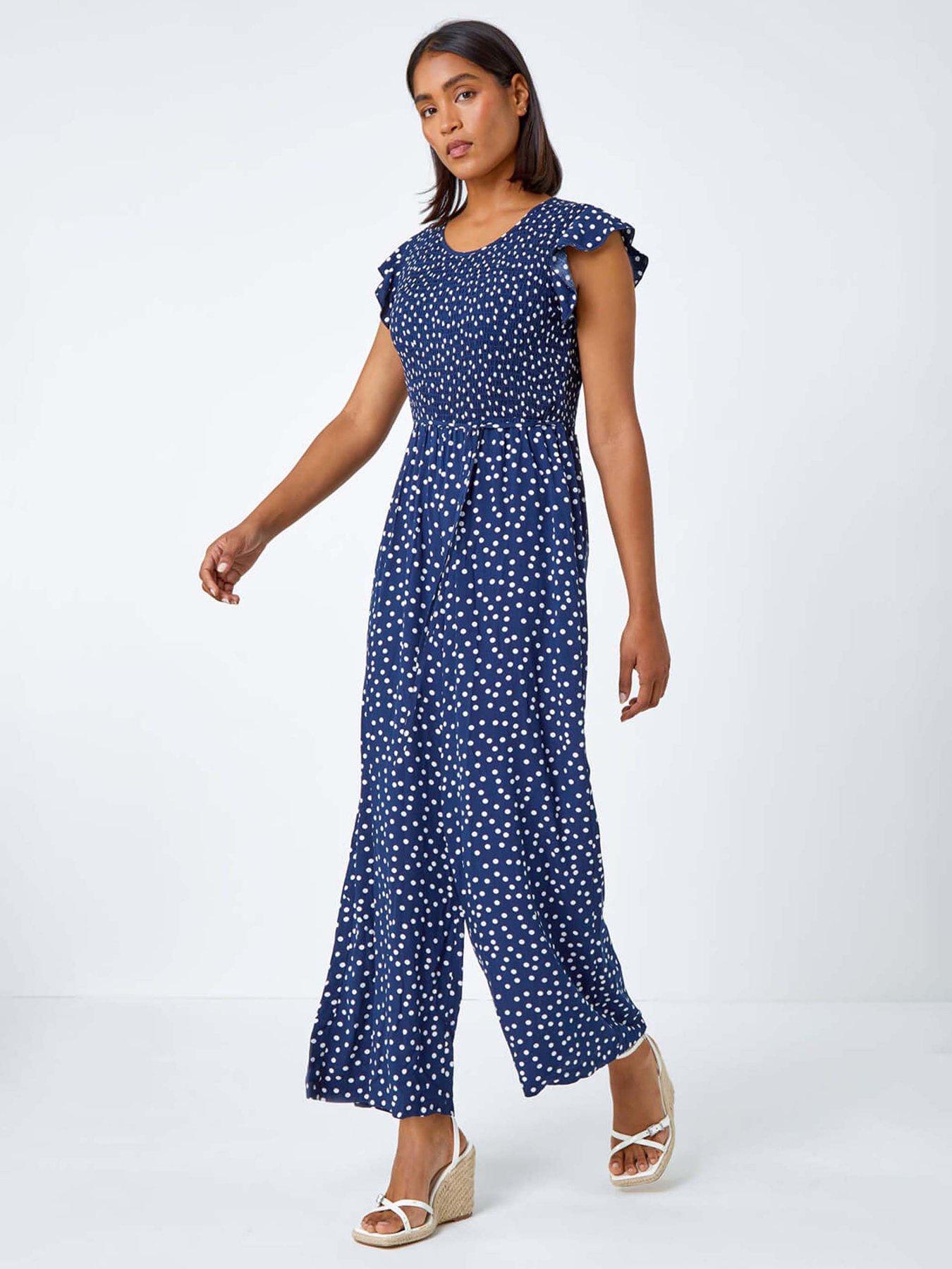 undefined Polka Dot Shirred Pocket Jumpsuit