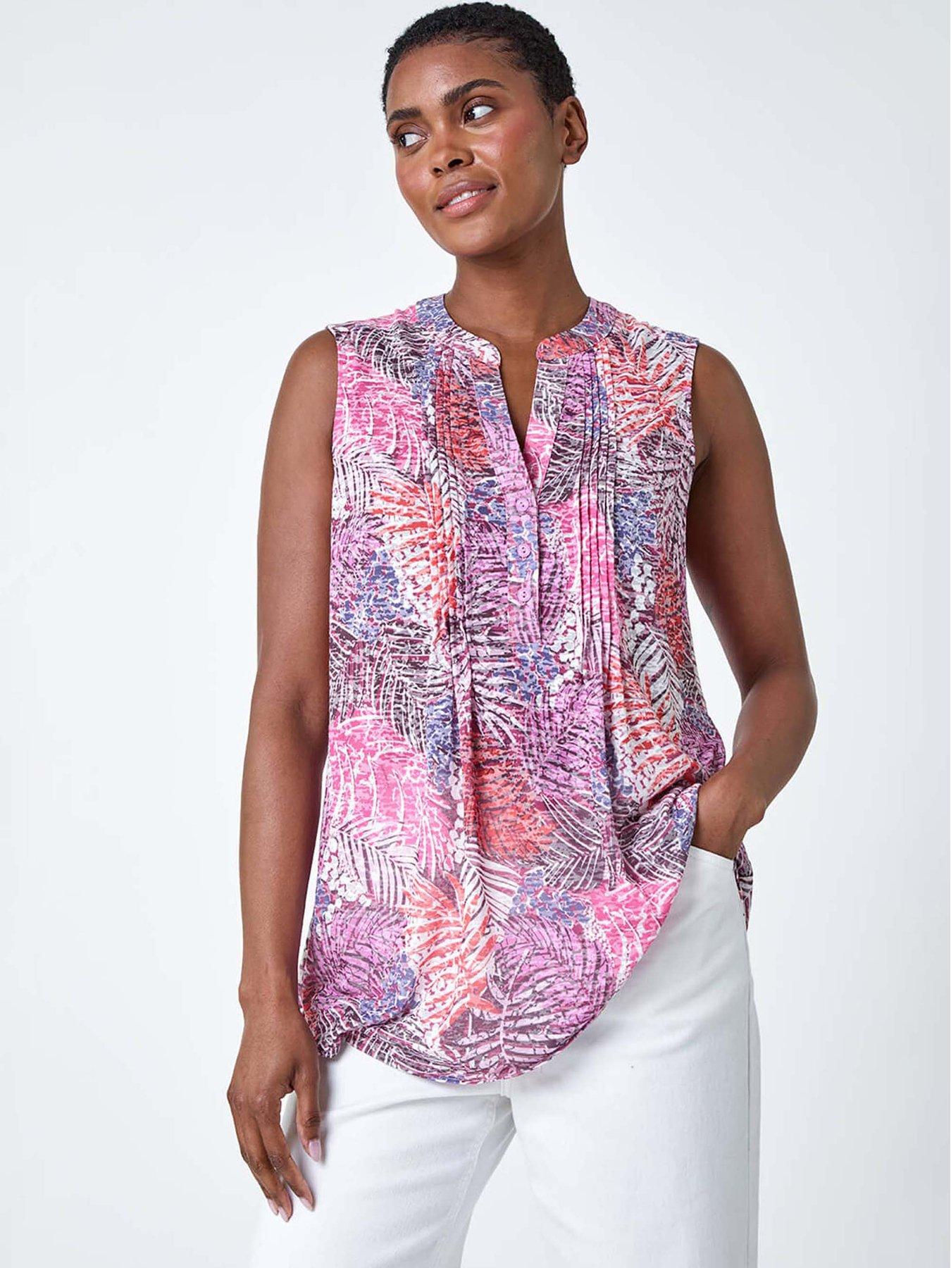undefined Tropical Print V-neck  Pintuck Top