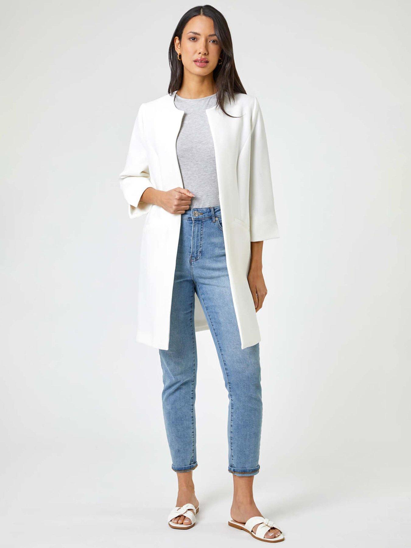 undefined 3/4 Sleeve Textured Longline Jacket - White